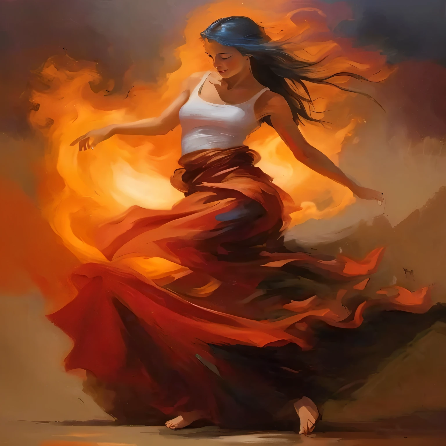 a painting of a woman in a blue skirt is dancing, goddess of fire, flames surround her, fire goddess, appears as the fire goddess, engulfed in swirling flames, swirls of fire, on fire, her body made of flames, the fire goddess, fire and flame, realistic, fire dress, hot fire goddess, holy fire spell art