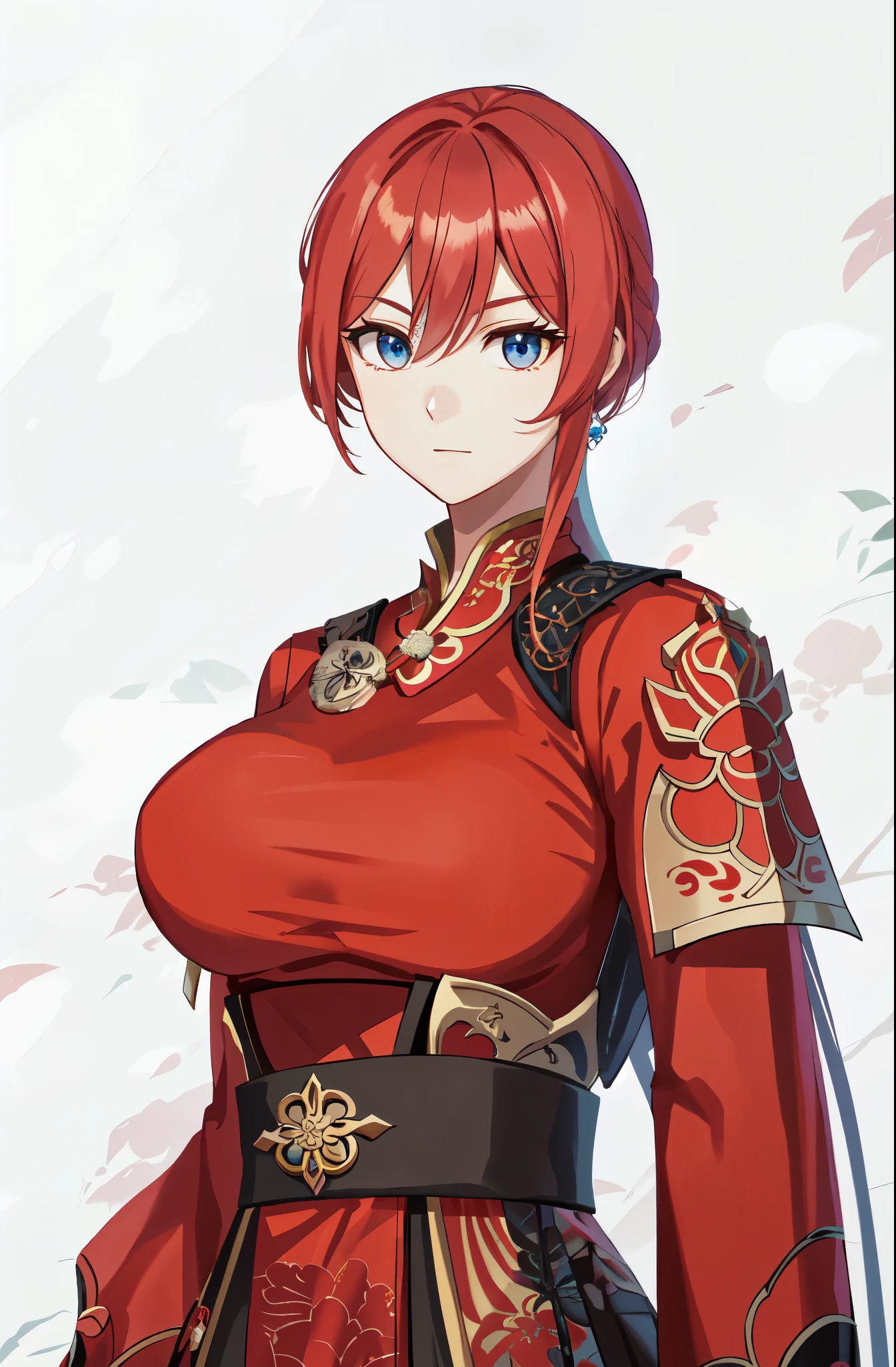 One was wearing a red dress、Cartoon image of woman holding sword, Ayaka original god impact, fox and bush, Katsushika,  Ayaka game genshin impact, Kushat Garland, heroine  :8, Tik, Kitsune-inspired armor,  Highest rated on pixiv，Three Kingdoms style，female general，huge breasts，woman with fierce eyes，blue eyes，Beauty，Dynasty Warriors，cool girl