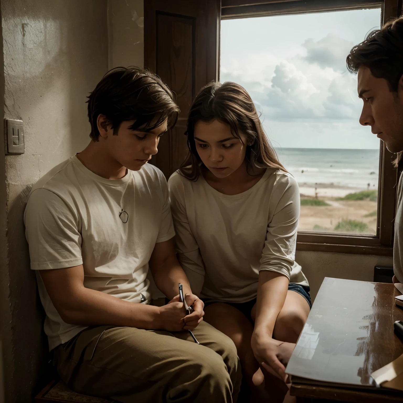 the boy sitting in a corner writing a letter with a sad gesture, while the girl is somewhere else looking towards the horizon with an expression of hope and patience. It would be interesting to see how these two characters interact through their opposing emotions.. It would be great to see the final result!