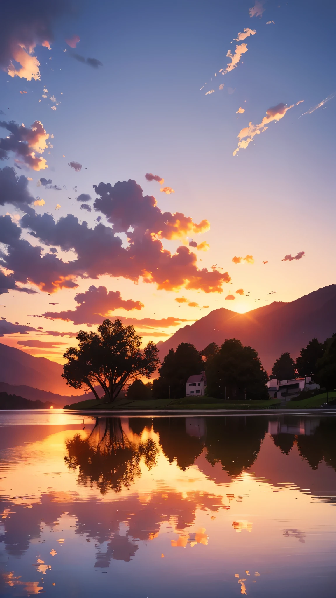 a beautiful town, hills in the background, beautiful sky, reflection in the lake, beautiful sunset