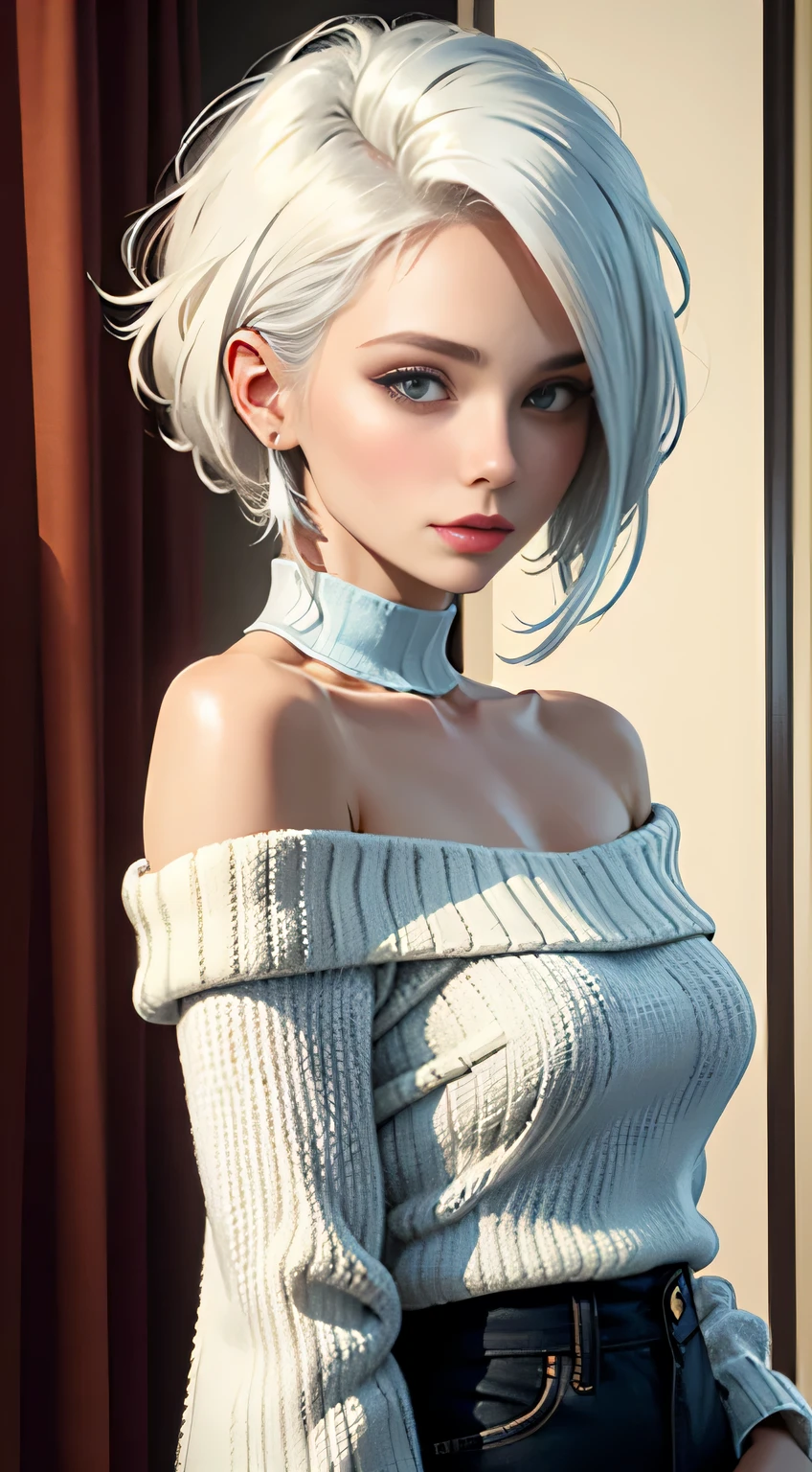 Medium Shot Shot, A beautiful woman looks at the camera, White hair, Chris Foss autumn off-the-shoulder sweater