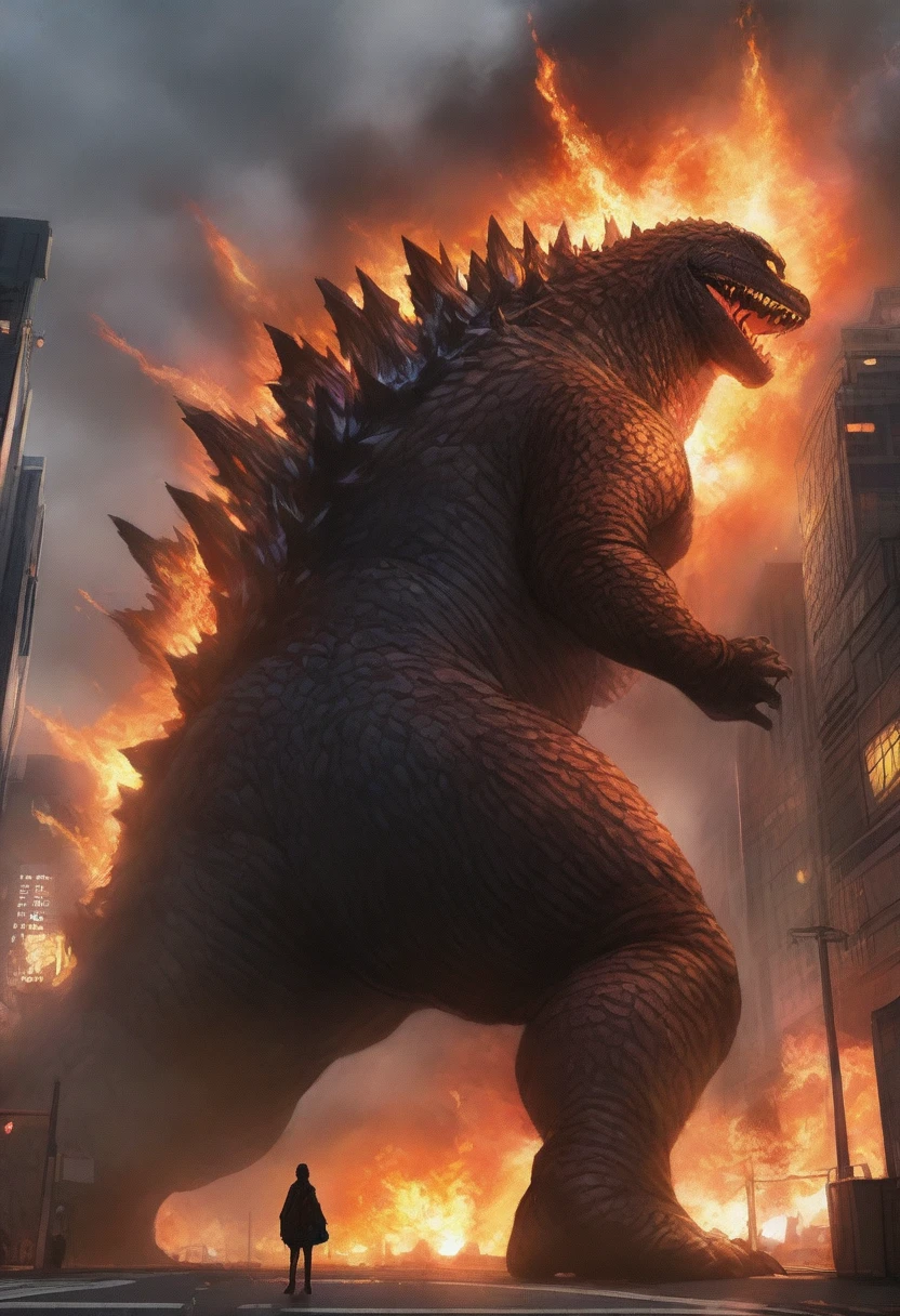 masterpiece, best quality, very aesthetic, cloudy moonlight,
monster, godzilla,  full body shot from side, looking at the viewer, blue eyes, yellow spines, 
in city center, fire, explosion,