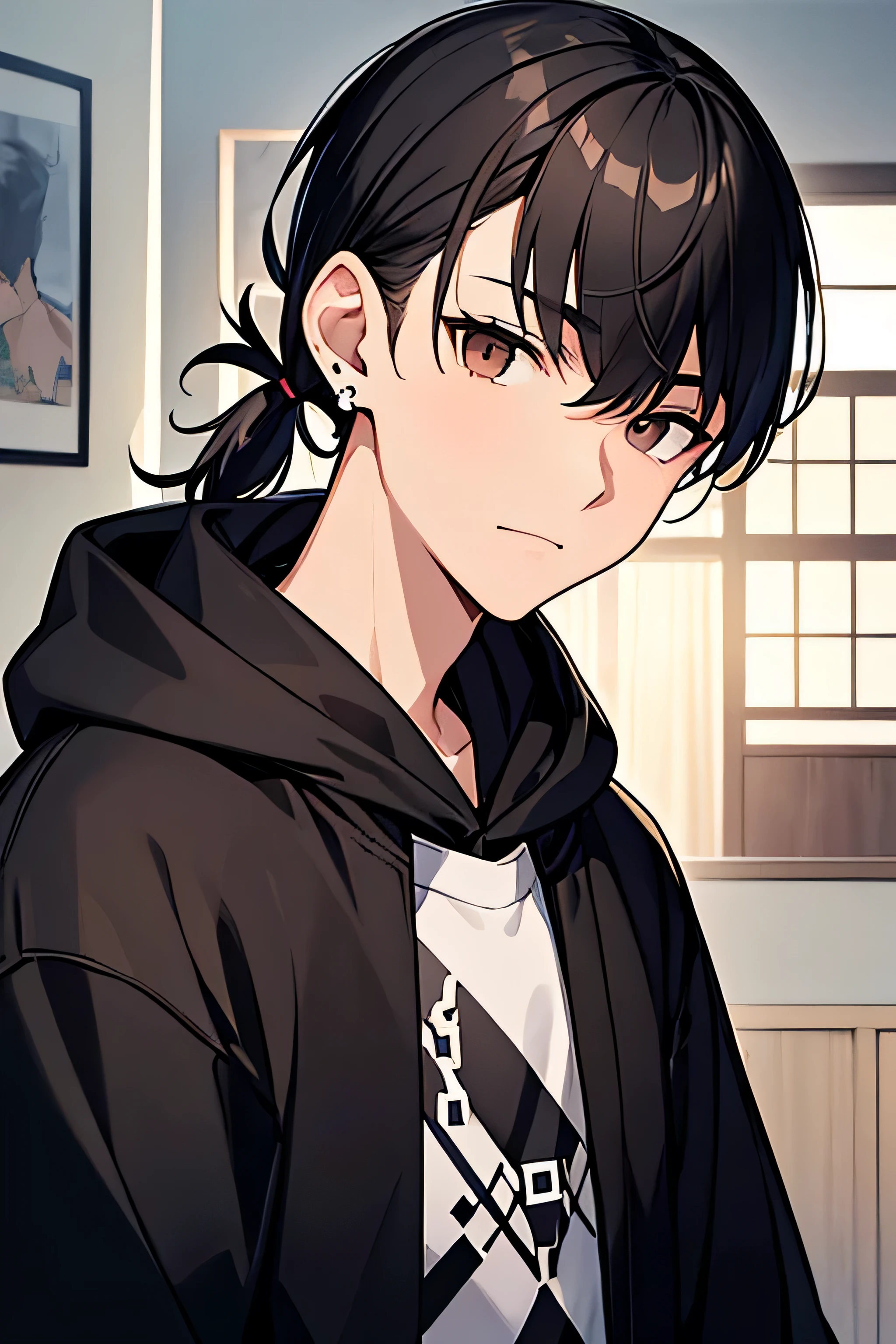 1 boy, short ponytail hair style, short hair, Black hair, Brown eyes, Black hoodie , 8k, masterpiece, looking at viewer, ultrasharp, men, japanese, separate bang, No bang, 2 silver earrings at left ear.