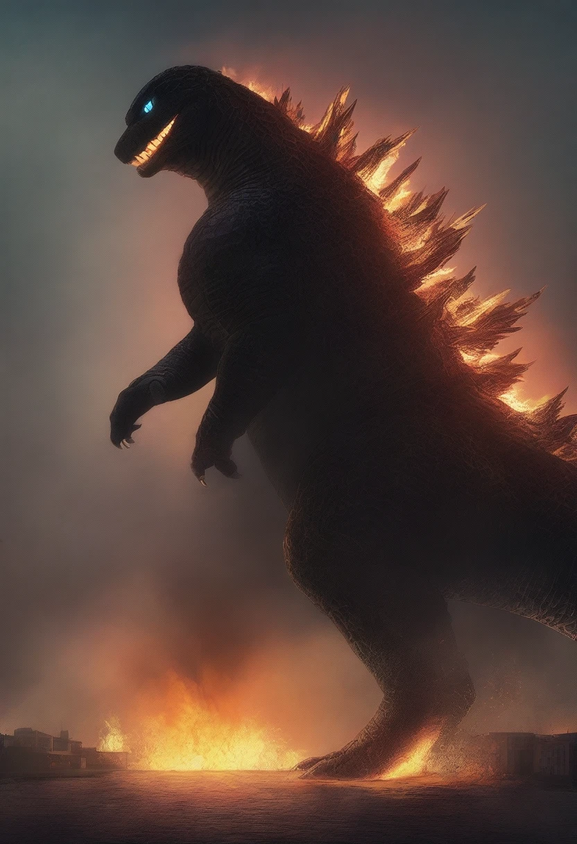 masterpiece, best quality, very aesthetic, cloudy moonlight,
monster, godzilla, full body shot from side, looking at the viewer, blue eyes, yellow spines,
in city center, fire, explosion,