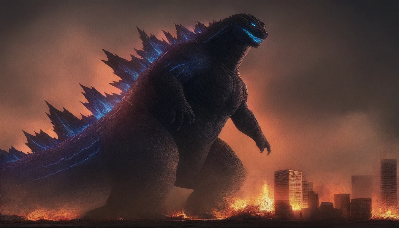 masterpiece, best quality, very aesthetic, cloudy moonlight,
monster, godzilla,  full body shot from side, looking at the viewer, blue eyes, yellow spines, 
in city center, fire, explosion,