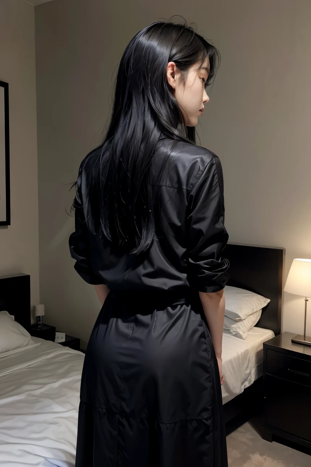 A Korean girl wearing tomboy dress, all black, ((((looking away)))) from the camera completely. (Back shot of her) Jet black long hair with silky long hair. Slim waist and figure. (In bedroom). ((Looking away))) SHY