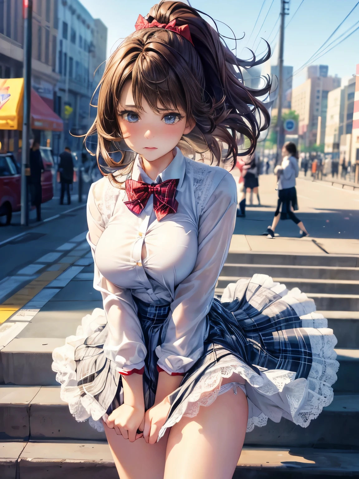 ((highest quality, High resolution, perfect pixel, 4k))), 1 woman, beautiful woman、I could see the whole body、walking down the subway stairs、lots of commuters、 ((ponytail, bangs, brown hair)), ((brown eyes, beautiful eyelashes, realistic eyes)), ((detailed face, blush:1.2))、((Anime CG style)), beautiful and big breasts、perfect body, ((red bow tie, Black open jacket, white shirt, plaid mini skirt)), embarrassed expression, (((The wind blows up my skirt:1.2)))、(white lace satin panties:1.3), Diagonal side angle, dynamic angle、Naughty Wind、(erect nipples:0.98)