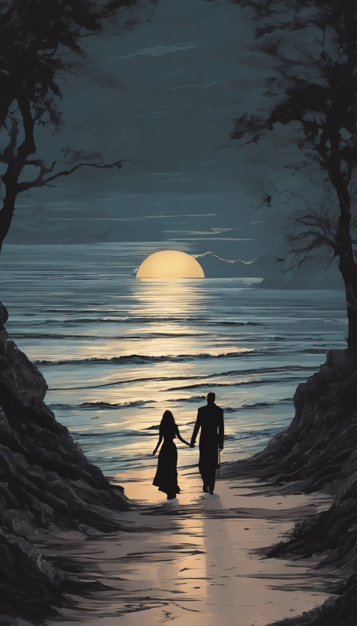 young couple walking along the beach towards the sunset.
