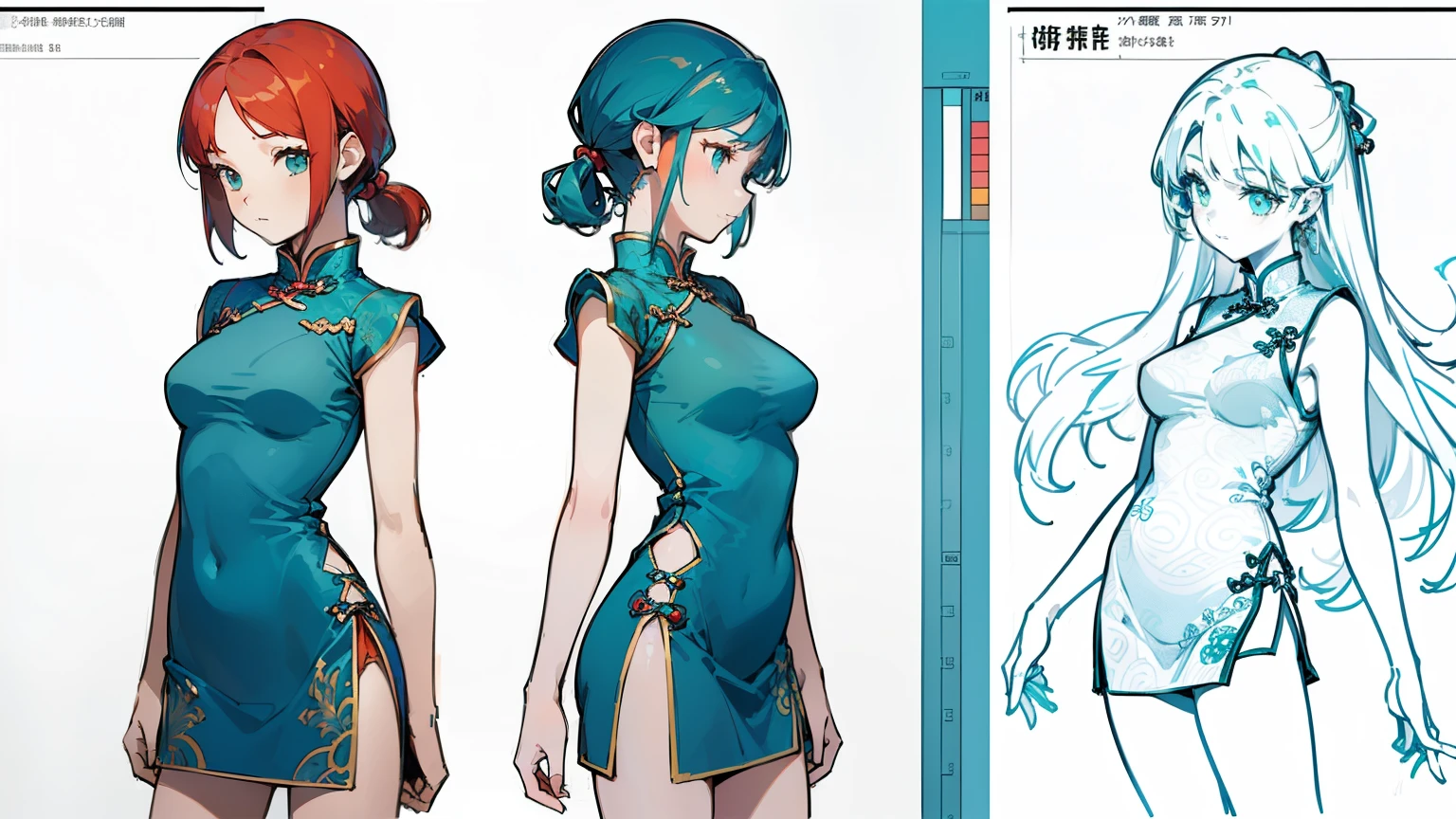 ((highest quality)), ((masterpiece)), ((realistic)) 19 years old, redhead girl, shoulder length hair, relaxed and happy face ((thin)) (Big breasts), ((( Chinese dress turquoise blue short dress))) (((mini skirt))) ((sexy dress)) Odango hairstyle (((detailed character sheet, Front view, Side view, 3/4 view))) (((white background))) 6 and a half whole bodies