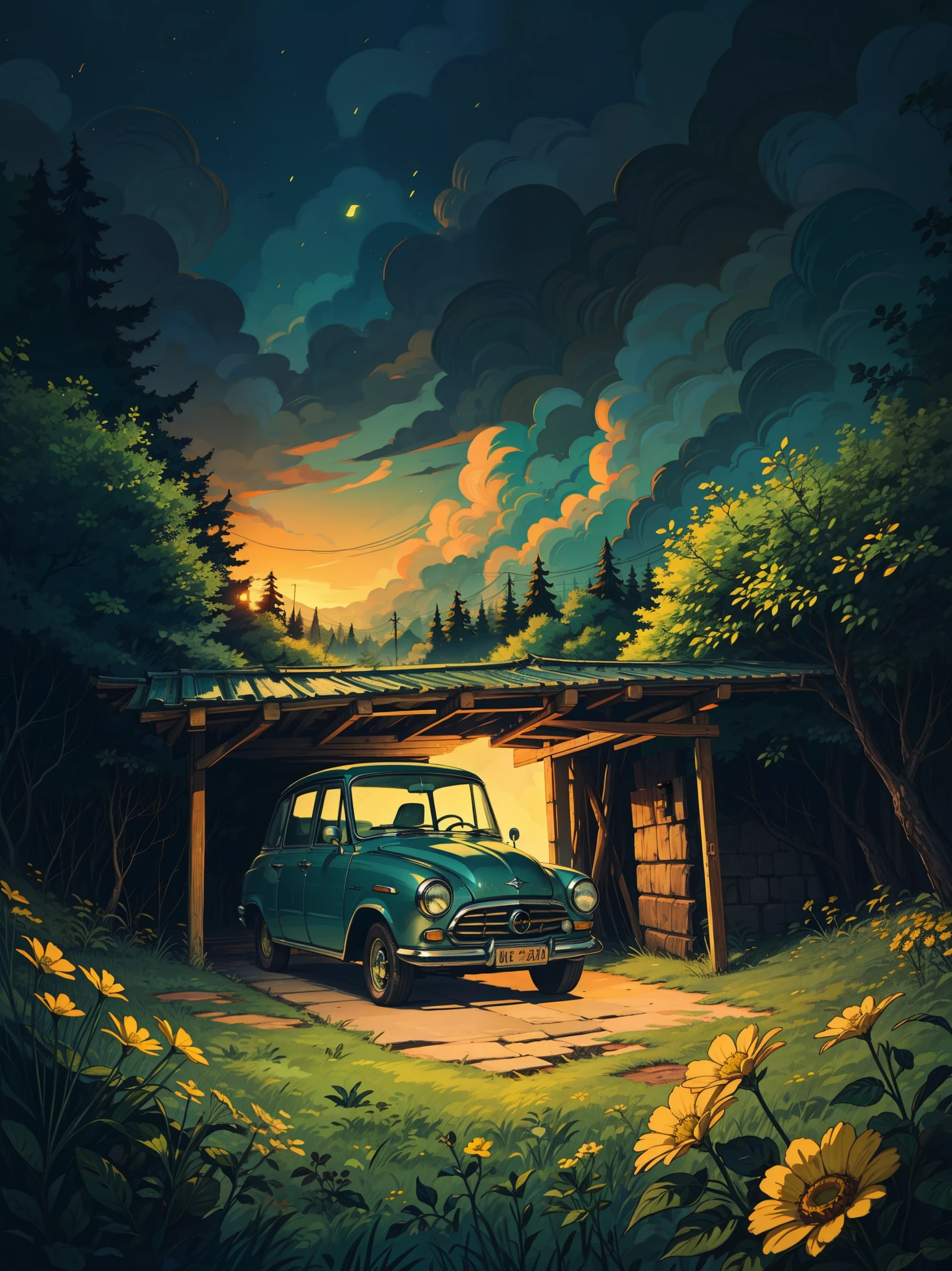 front view, a vintage car, parked in wooden garage, green long grass, dim lantern light, bushes, greenish tones, yellow flowers, surrounded by trees, beautiful color palette, dark cloudy sky, nature, micro landscape, night time, intrinsic details, cinematic tones, vibrant palette
