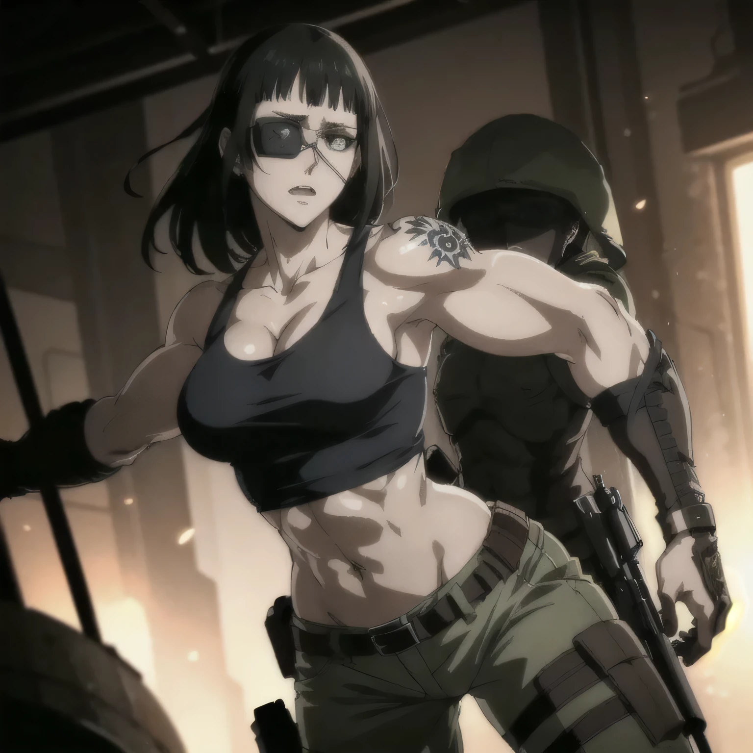 (best quality,ultra-detailed,realistic:1.37), military, muscular girl with sculpted body wearing a tank top, beautiful tattoo on girl's shoulder, full review of the female character's face and body, intense expression, strong and confident posture, studio lighting, vivid colors, physiologically-based rendering, grungy texture, rugged background, dust particles in the air, commanding presence, professional, powerful, gritty aesthetics,six-pack,eye patch,military pants 