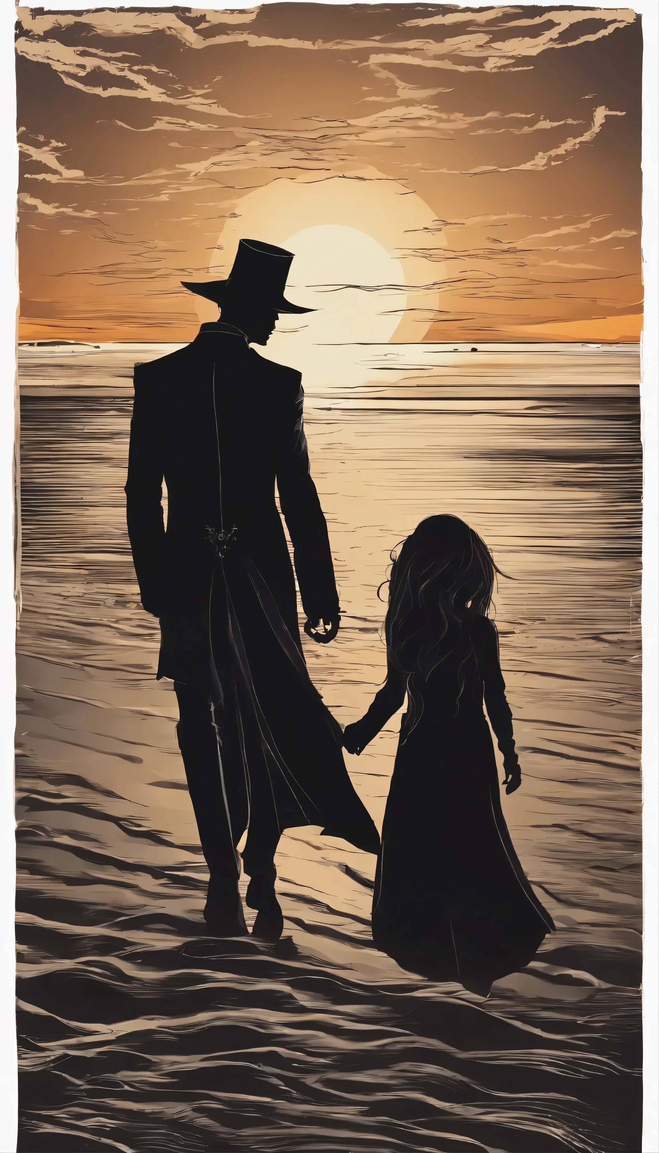 young couple walking along the beach towards the sunset.
