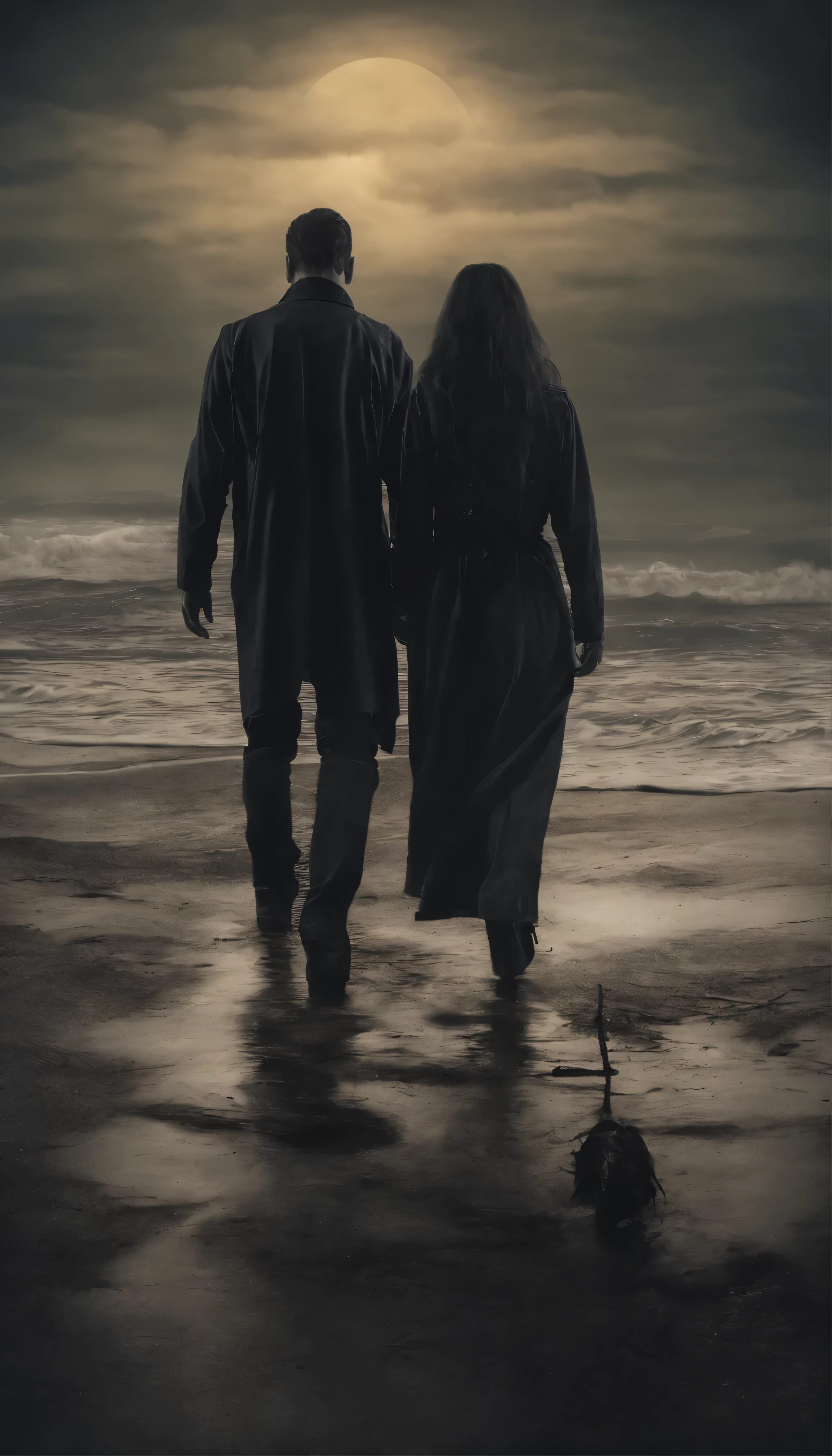 young couple walking along the beach towards the sunset.