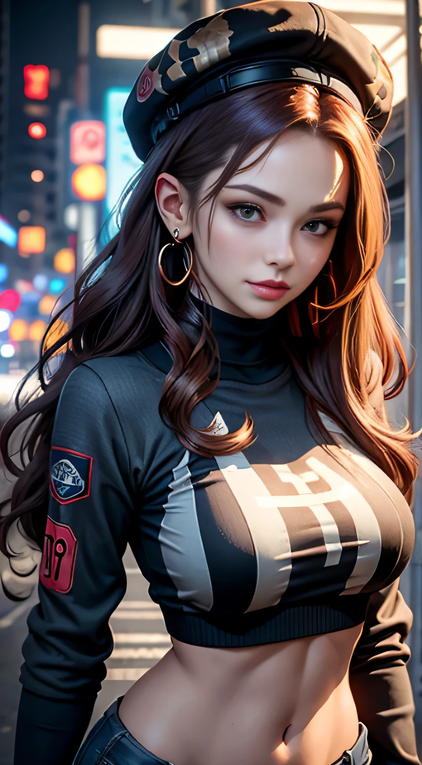 sfw, 1girl, beautiful, smirk, wearing a hat, earrings, red camo sweatshirt, red_legwear, long hair, brown hair, mascara, nose lips, standing, midriff, naval, earrings, (realistic:1.5), cyberpunk, neon city, neon lights, 3d, cgi, volumetric lightning, wearing bra,((skinny waist)), young asian girl, ((big breasted)),