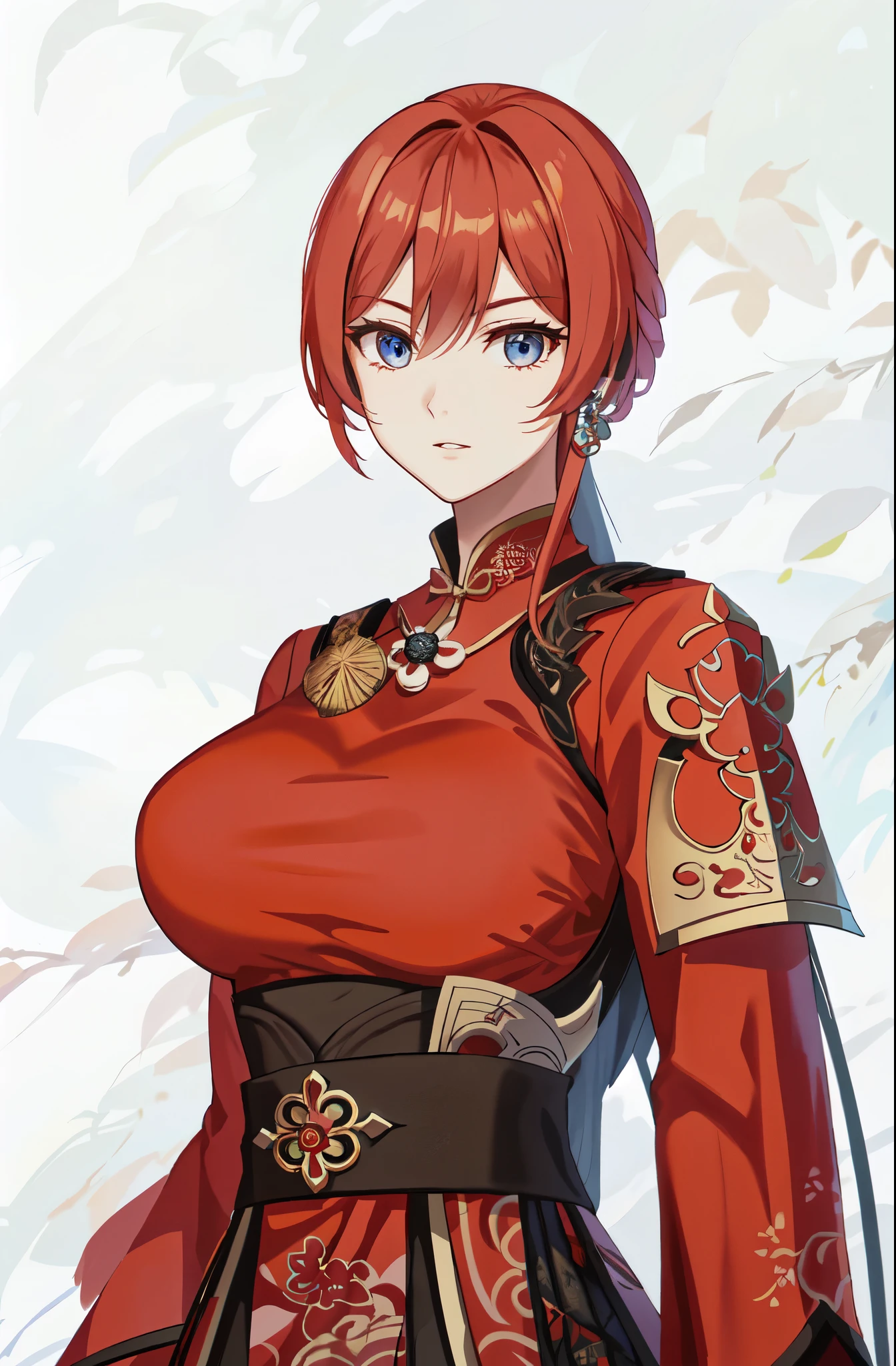 One was wearing a red dress、Cartoon image of woman holding sword, Ayaka original god impact, fox and bush, Katsushika, Ayaka game genshin impact, Kushat Garland, heroine :8, Tik, Kitsune-inspired armor, Highest rated on pixiv,Three Kingdoms style,female general,huge breasts,woman with fierce eyes,blue eyes,Beauty,Dynasty Warriors,cool girl