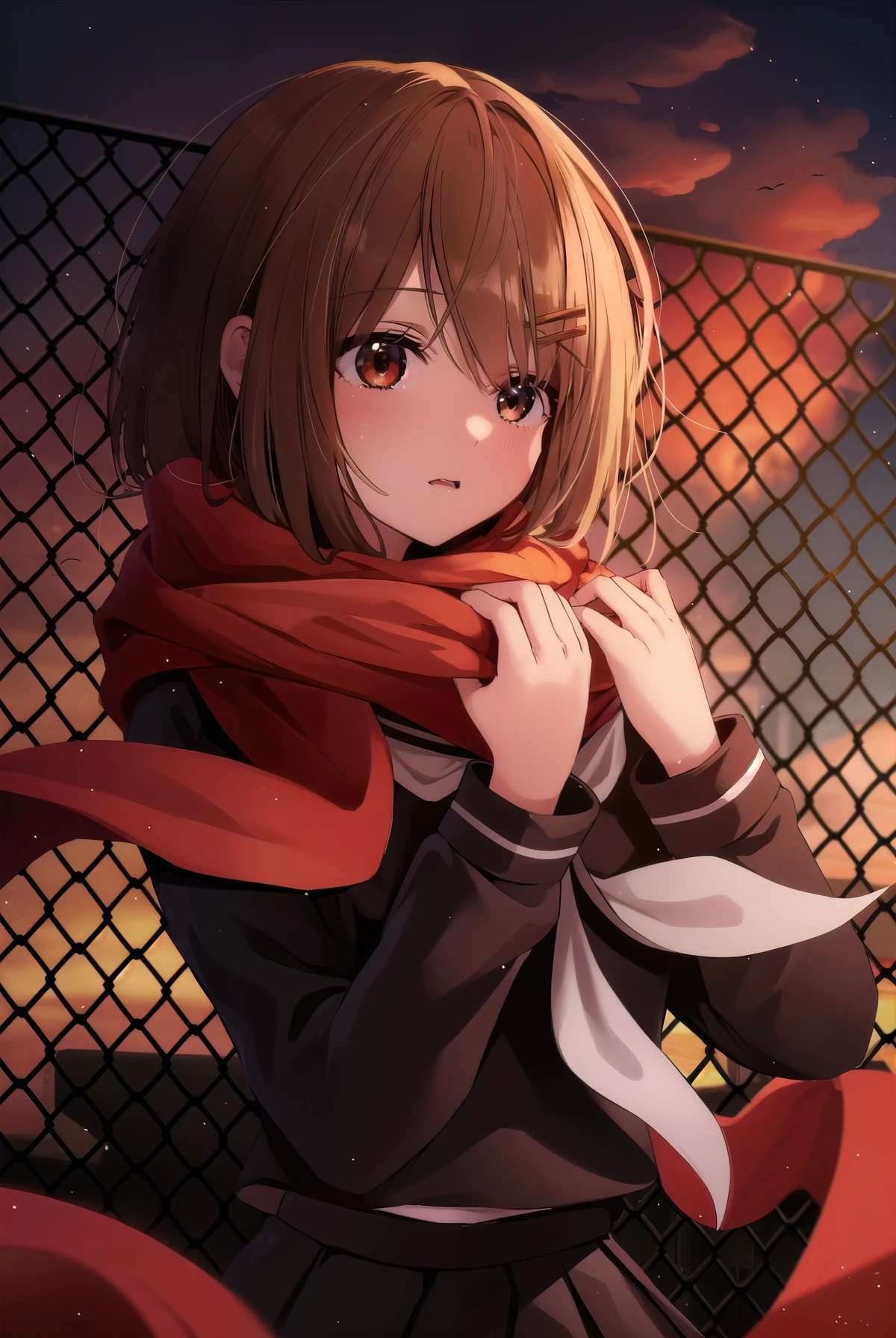 Anime girl with a scarf on her neck standing in front of a fence, anime style 4k, anime image of a cute girl, female main character 👀 :8, an Anime girl, anime style portrait, portrait Anime girl, cute Anime girl, Anime girl, young Anime girl, (Anime girl), hd Anime wallpaper, Anime wallpaper, anime Mo artstyle