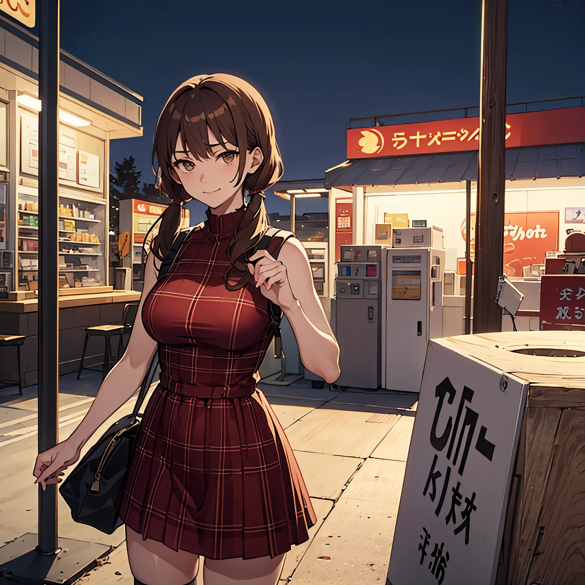 ((masterpiece,best quality)), anime style, highres, extremely detailed 8K wallpaper, depth_of_field, cowboy shot, solo, woman, adult, low twintails, brown reddish hair, wide hips, big breasts, sexy, voluptuous, black and brown plaid ruffle sleeveless dress, dress with straps, very short miniskirt, thigh highs, carries a crossbody bag, arrogant smile, forest, exterior of gas station, night, crossed arms