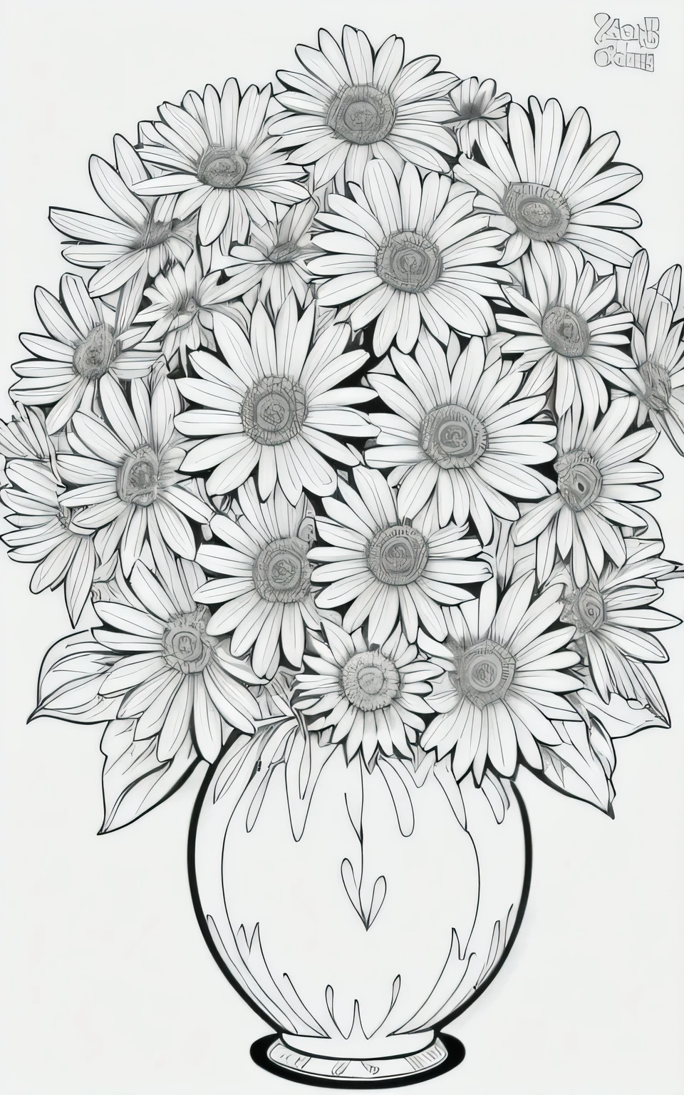 coloring pages of flowers in a vase with a white background, detailed flowers, hyper detailed line art, drawn with photoshop, i dream of a vase flowers, fine line art, detailed line art, daisies, black and white color only, black and white coloring, minimal shading, line art colouring page, flowers with intricate detail, more and more flowers, extremely detailed shading