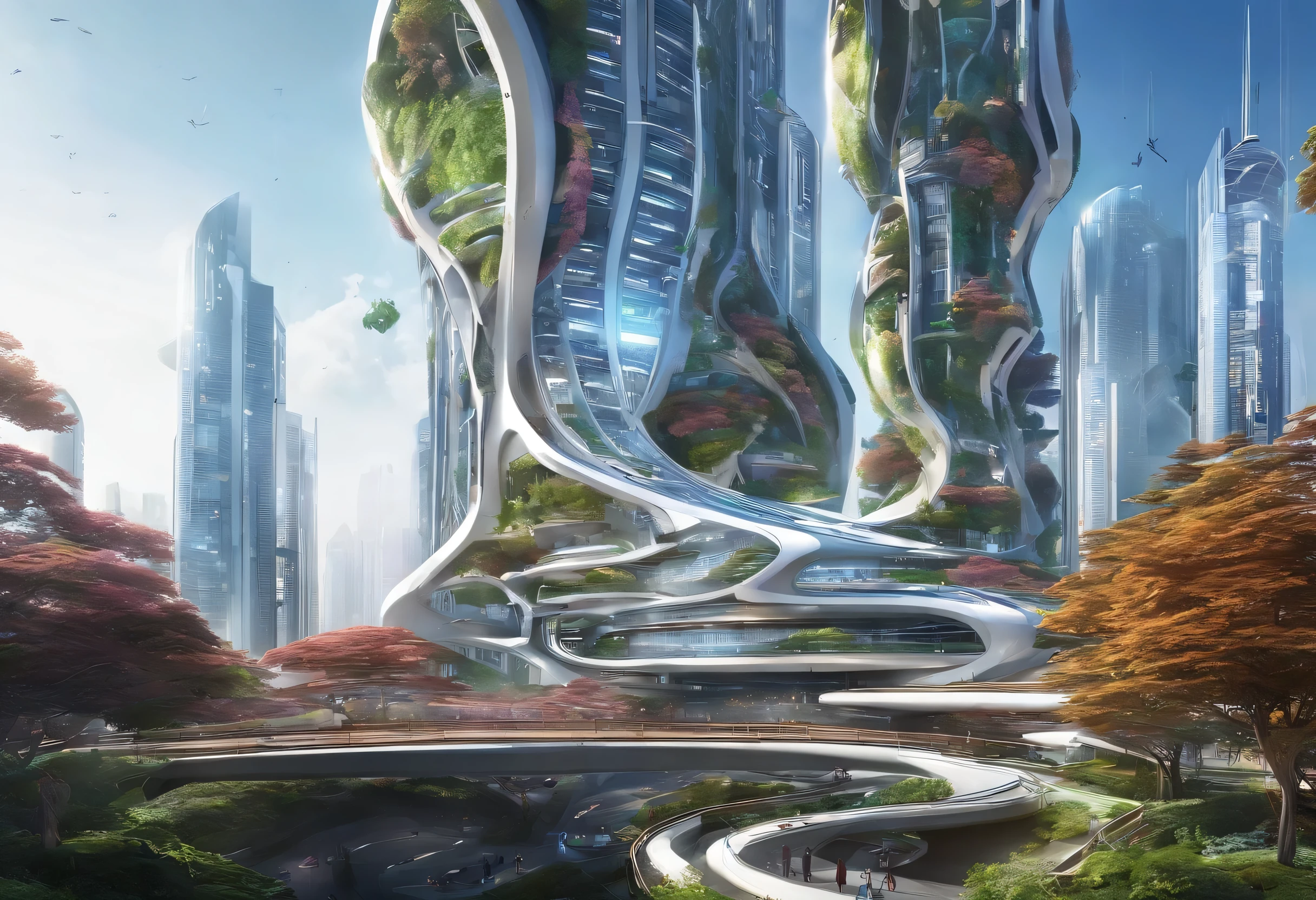 Urban design of the future,The shape of the building is special,There is a sense of design,aestheticly pleasing,Renderings,There are flowers,There are greenery, Rich in color