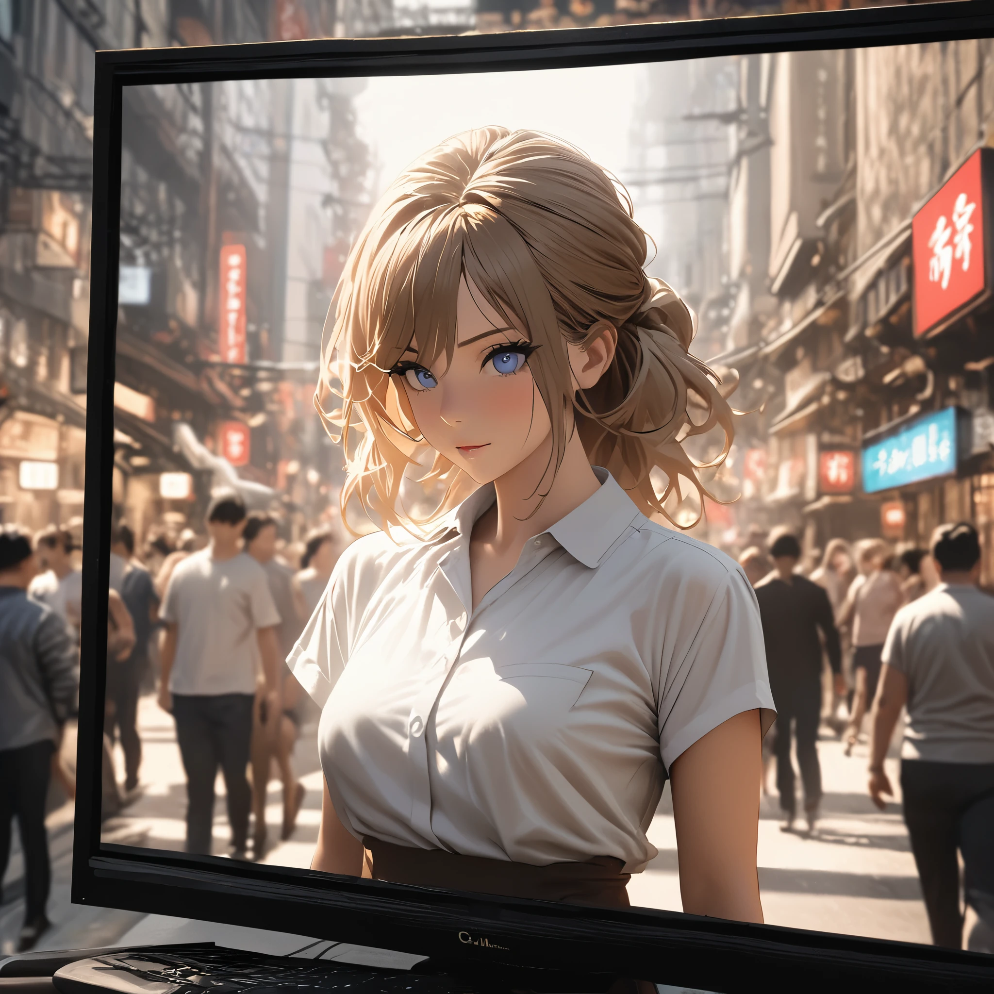 masterpiece, best quality, 8K, photorealtic, actual, octane rendering, Japan&#39;s bustling city streets (1 female: 1.4), (There is only one woman on the screen: 1.3), (White shirt), (long golden hair), (hip wrap skirt), (blue eyes) Upper body display