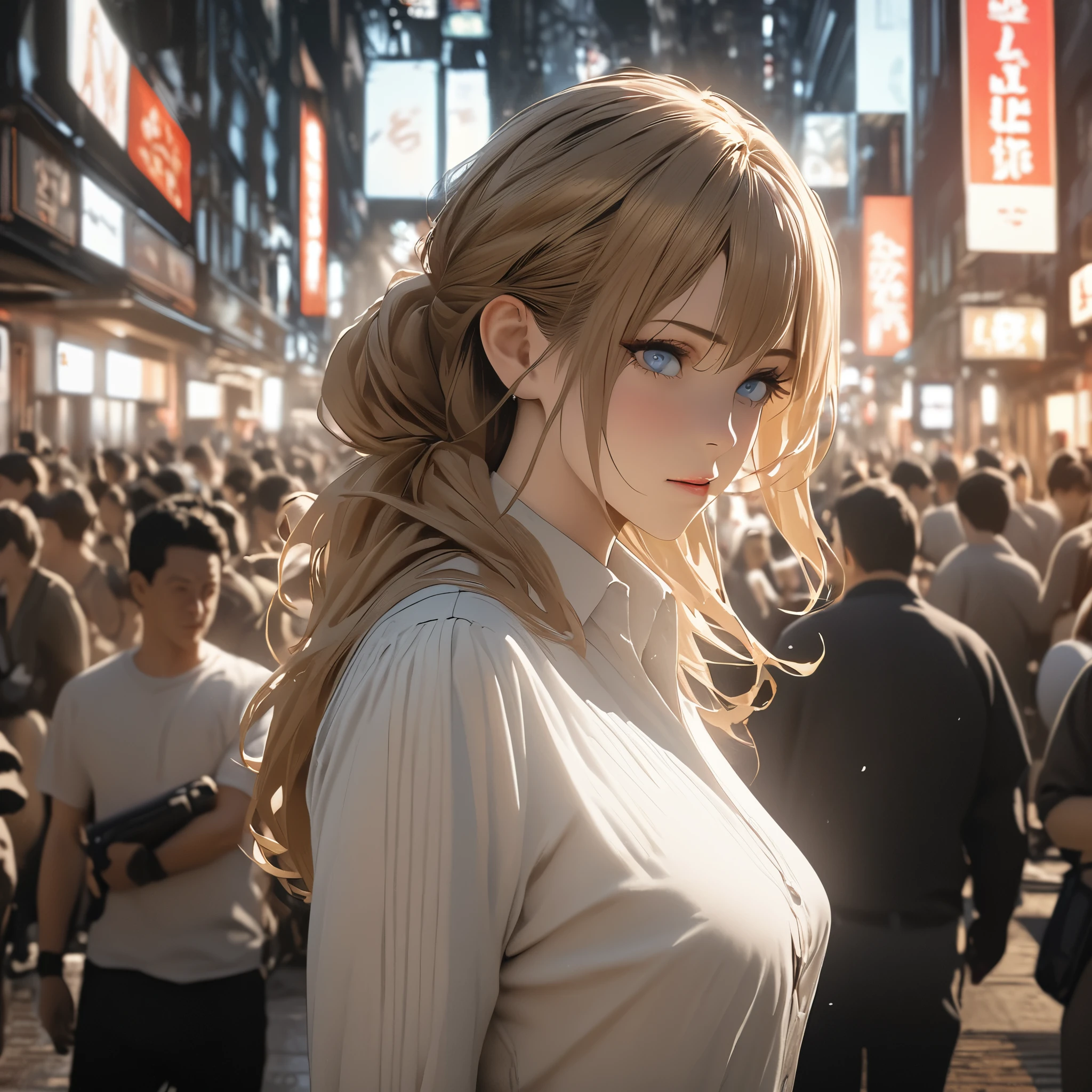 masterpiece, best quality, 8K, photorealtic, actual, octane rendering, Japan's bustling city streets (1 female: 1.4), (There is only one woman on the screen: 1.3), (White shirt), (long golden hair), (hip wrap skirt), (blue eyes) Upper body display