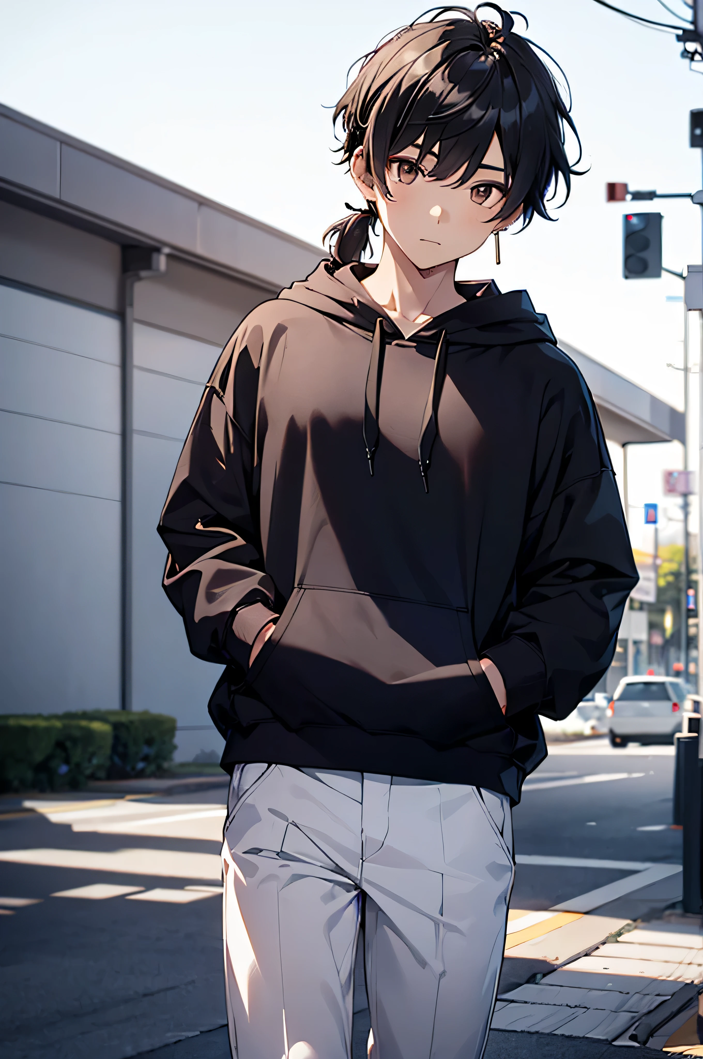 1 boy, short ponytail hair style, short hair, Black hair, Brown eyes, Black hoodie , 8k, masterpiece, looking at viewer, ultrasharp, men, japanese, separate bang, No bang, 2 silver earrings at left ear.