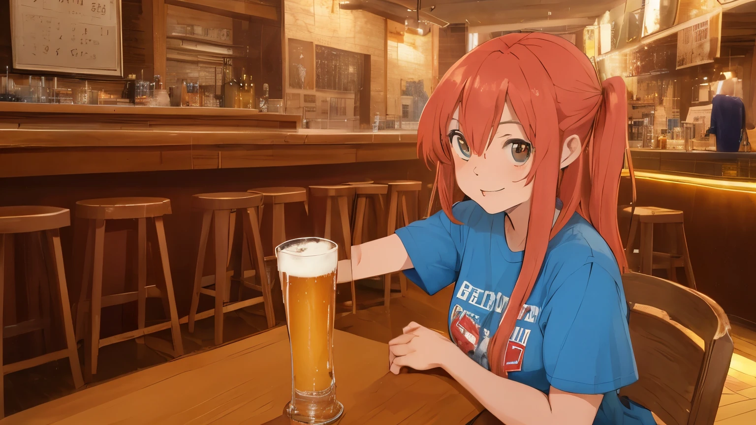 garota rockeira com delineado de anime bebendo cerveja em uma mesa ao fundo