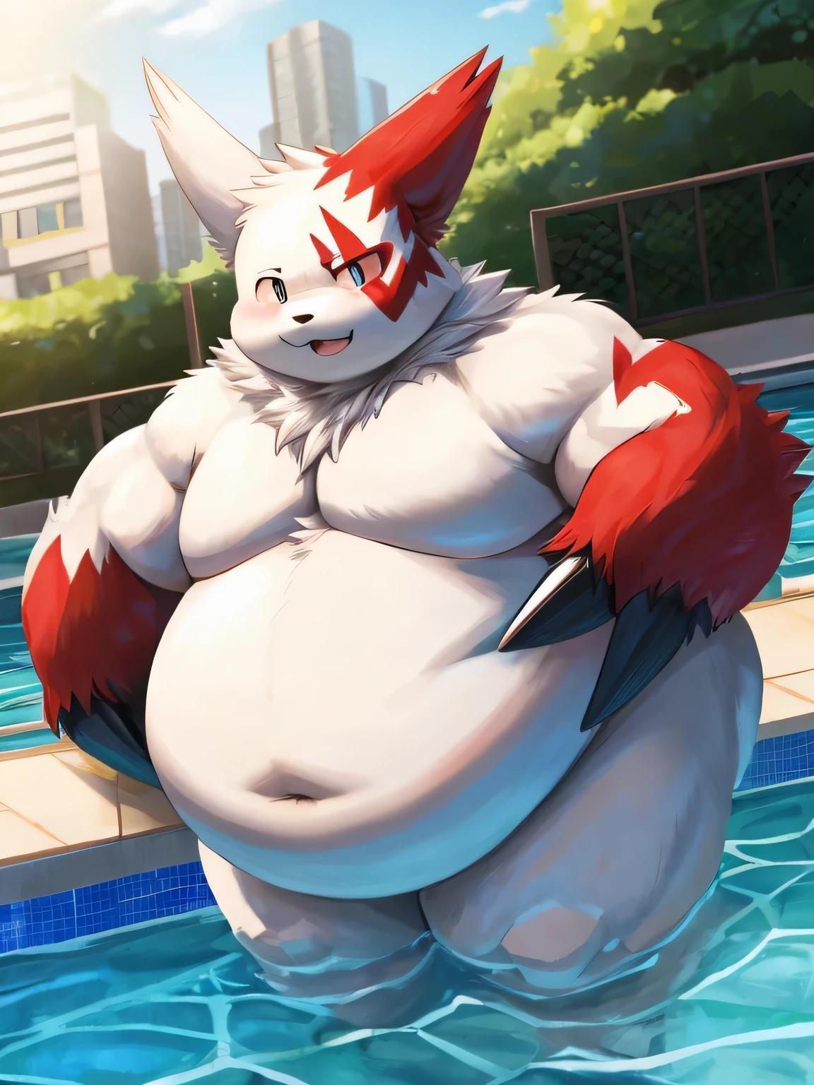 Zangoose、muscle-gut, Giant Monsterountain of fat、The body is buried due to fat、The stomach is triangular、Extreme obesity、very thick fat、my stomach touches the ground、Stomach like a giant balance ball、Saggy belly, detailed eyes, very tall、Thick animal-like legs、Cheeks that store fat、thick arms、huge torso、thick neck、fat neck、legs buried in fat,  thick twisted corners,  in the pool, Male