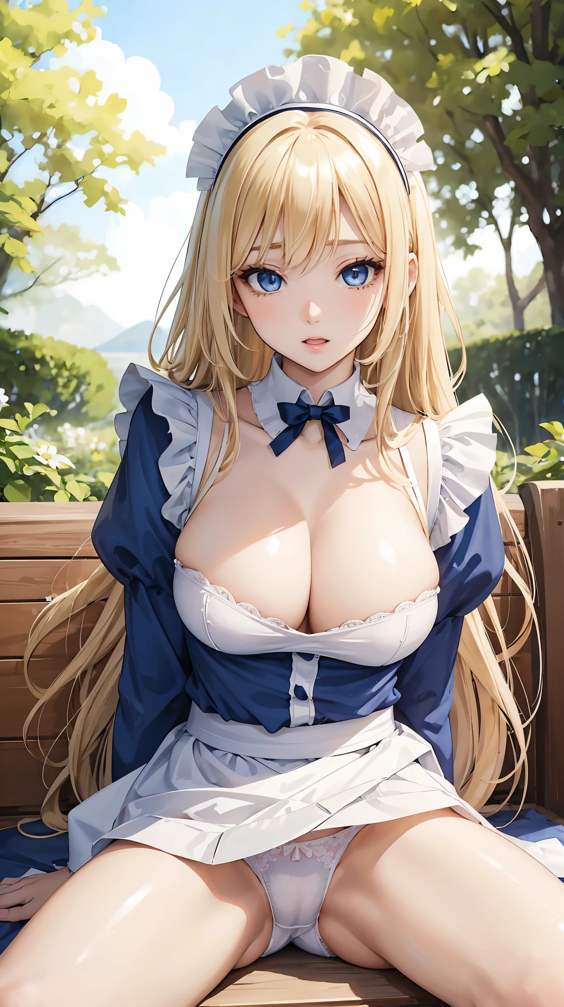 (masterpiece:1.2), (highest quality:1.2),, Curvy but slender body, perfect eyes, perfect face, perfect lighting, 1 girl, long hair, curly hair, fine clothes, detailed outdoor background, compensate, eye shadow, thick eyelashes, fantasy, (maid)、whole body，alice in wonderland、blue sky、Bright and beautiful face、young shiny glossy white shiny skin、the best beauty、the most beautiful bright blonde hair in the world、thin hair、super long straight hair、Shining beautiful bangs、Shining crystal clear big blue eyes、Very beautiful lovely 17 year old most beautiful girl in the world、big and full breasts、a sexually excited look、性的にI&#39;m seducing you表情、open your legs、((she shows panties、lift the skirt、I&#39;m seducing you))