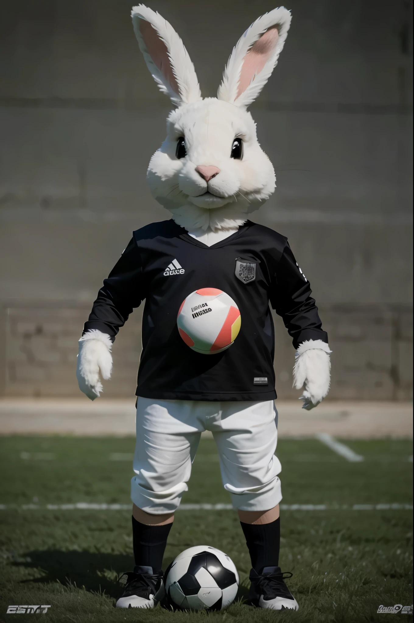 A standing Easter bunny with a football under his arm. Dressed in black, high quality, 4k 