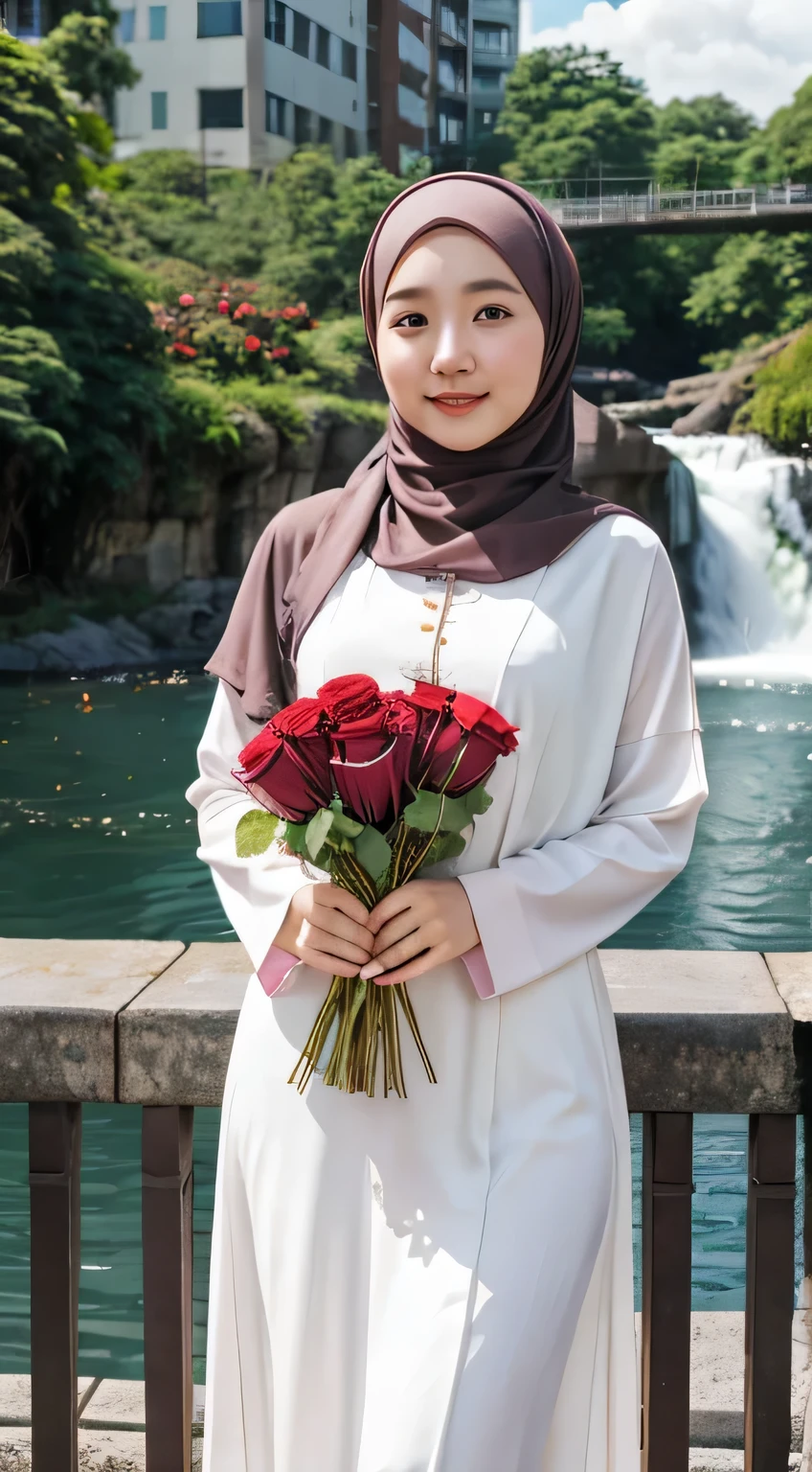1 Girl, Beautiful, asian Baby Face, 20 Years Old, White Skin, Hijab Gamis Muslim Outfit, holding roses, Big Chest, looking to the camera, city Background, waterfall, Wind))