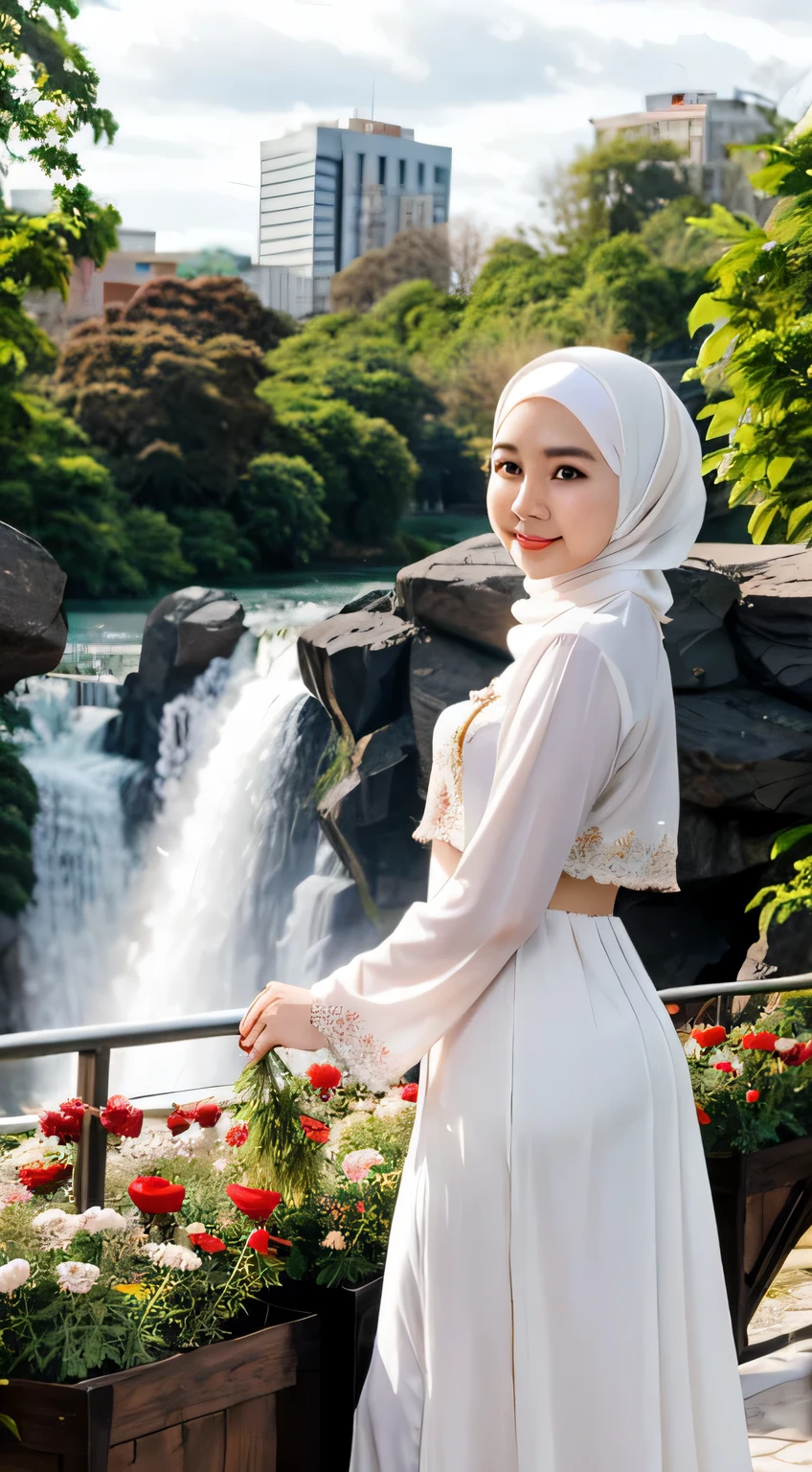 1 Girl, Beautiful, asian , 20 Years Old, White Skin, Hijab Gamis Muslim Outfit, holding roses, Big Chest, looking to the camera, city Background, waterfall, Wind))