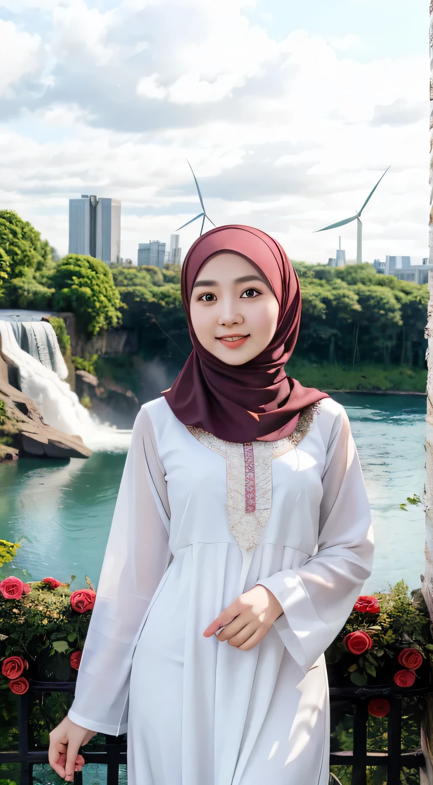 1 Girl, Beautiful, asian Baby Face, 20 Years Old, White Skin, Hijab Gamis Muslim Outfit, holding roses, Big Chest, looking to the camera, city Background, waterfall, Wind))