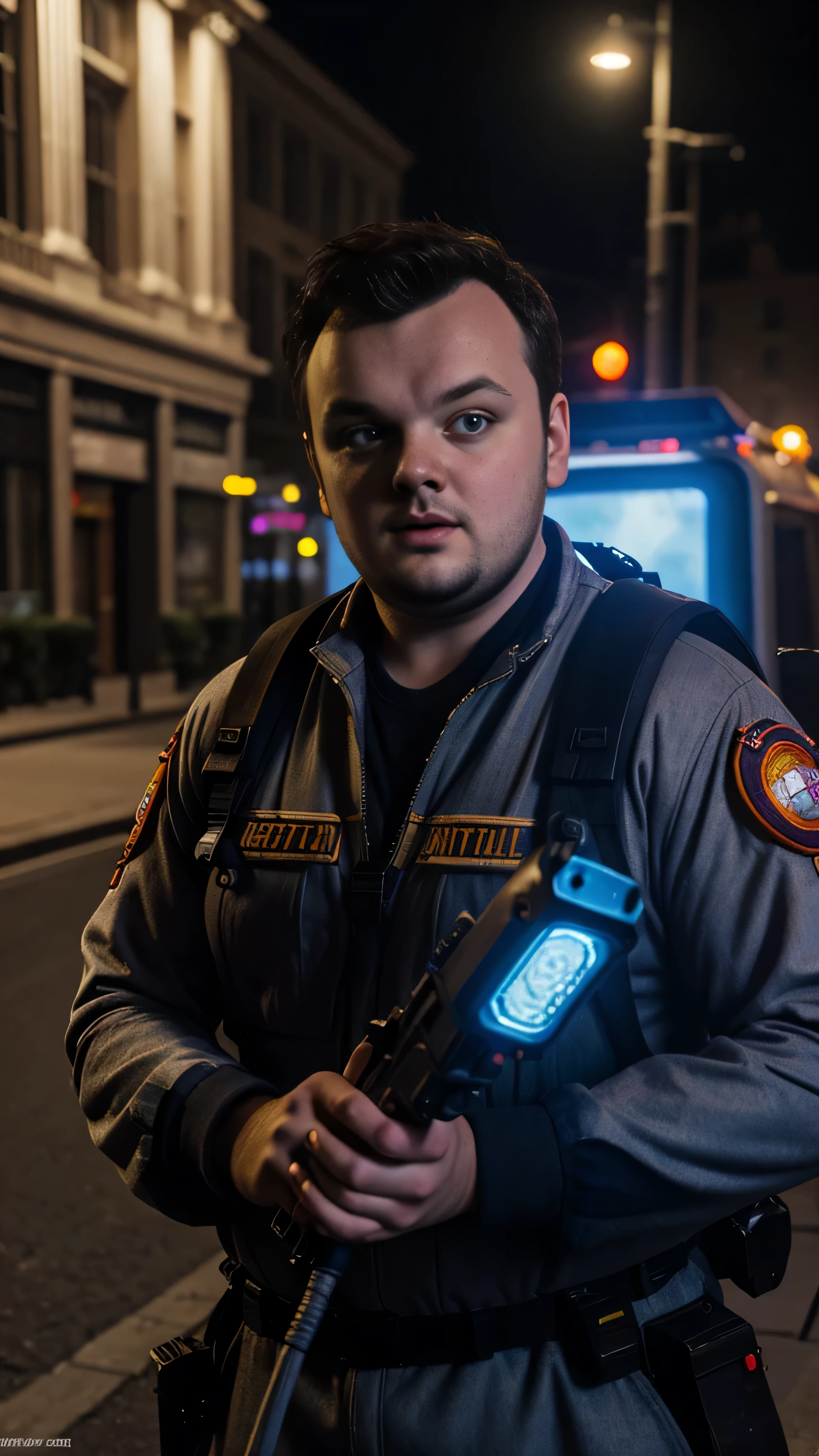 ((John Bradley)) as a ghostbuster, ghostbuster outfit, ghostbuster gun, ghostbuster car, on the street, 1man, solo, beautiful detailed glow, detailed, cinematic light, intricate detail, realistic, highres, detailed facial features, high detail, sharp focus, smooth, aesthetic, extremely detailed, stamp, octane render