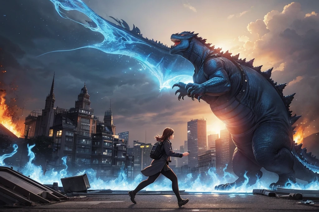 (masterpiece), (best quality), (very aesthetic), (ultra-detailed), (best illustration), realistic, wide angle, burning Godzilla, blue fire, blue fire bless, catch the train, researcher lady, people run away,