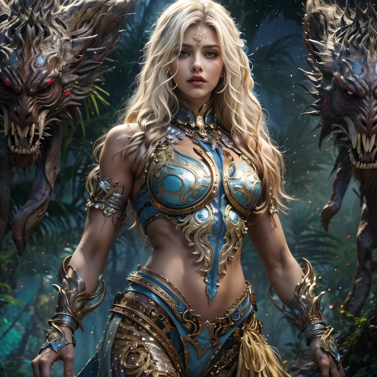 1 female alien, The Predator, warrior, (very beautiful:1.2), (intense gaze:1.4), (Predator:1.1), long dark nails, NSFW,  nipple, thick eyebrows, Shining sky blue eyes, the most beautiful face in the universe, platinum blonde,

A woman with an very beautiful face, her intense gaze fixed on her prey, fundamental power that cannot be denied.

(very beautiful toned body:1.5), (super muscular physique:1.2), (prowl:1.3), (smooth movement:1.4),

her beautiful body, muscular and toned, She moved smoothly and gracefully as she wandered., Ready to attack immediately. The Predator within her was always on