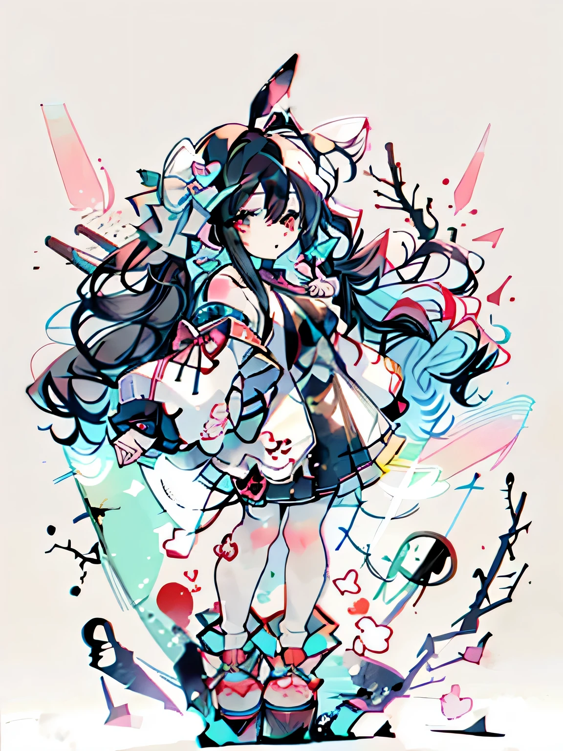 Chibi、1 girl, rabbit ears, black hair, long hair, Rabbit, open your mouth, smile, Rabbit ears, stick alone, white background, dress, pantyhose, wall, red eyes, looking at the viewer, :d, full body, simple background, nail polish, striped, holding, raise your arms, Hair stick, long sleeve, plump sleeves, aqua footwear, shoes, Blue shoes, jumping, animal, blush, argyle, heart (symbol), has a cane, very long hair, ribbon,blue dress