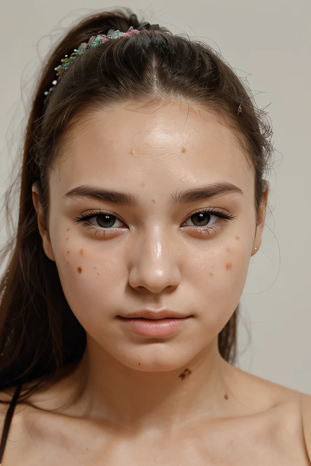 The face of a woman with pimples on her forehead and cheeks (( not clear skin).