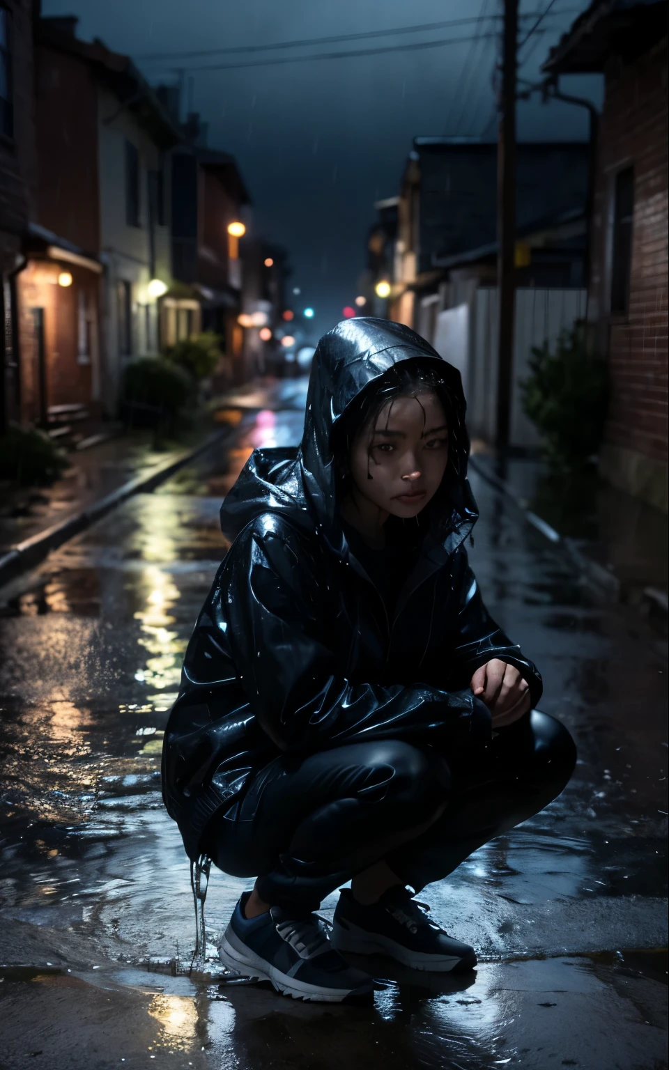 (masterpiece:1.2, best quality), (real picture, intricate details), (night, dark, downpour:1.4)
There was no one in the alley, and the surroundings were silent, only the raindrops sprinkled on the tile eaves of the low houses near and far, making a slight rustling sound. In the cold rain, (1girl, wet hooded jacket, sad, perfect eyes:1.2) squatting on the ground,