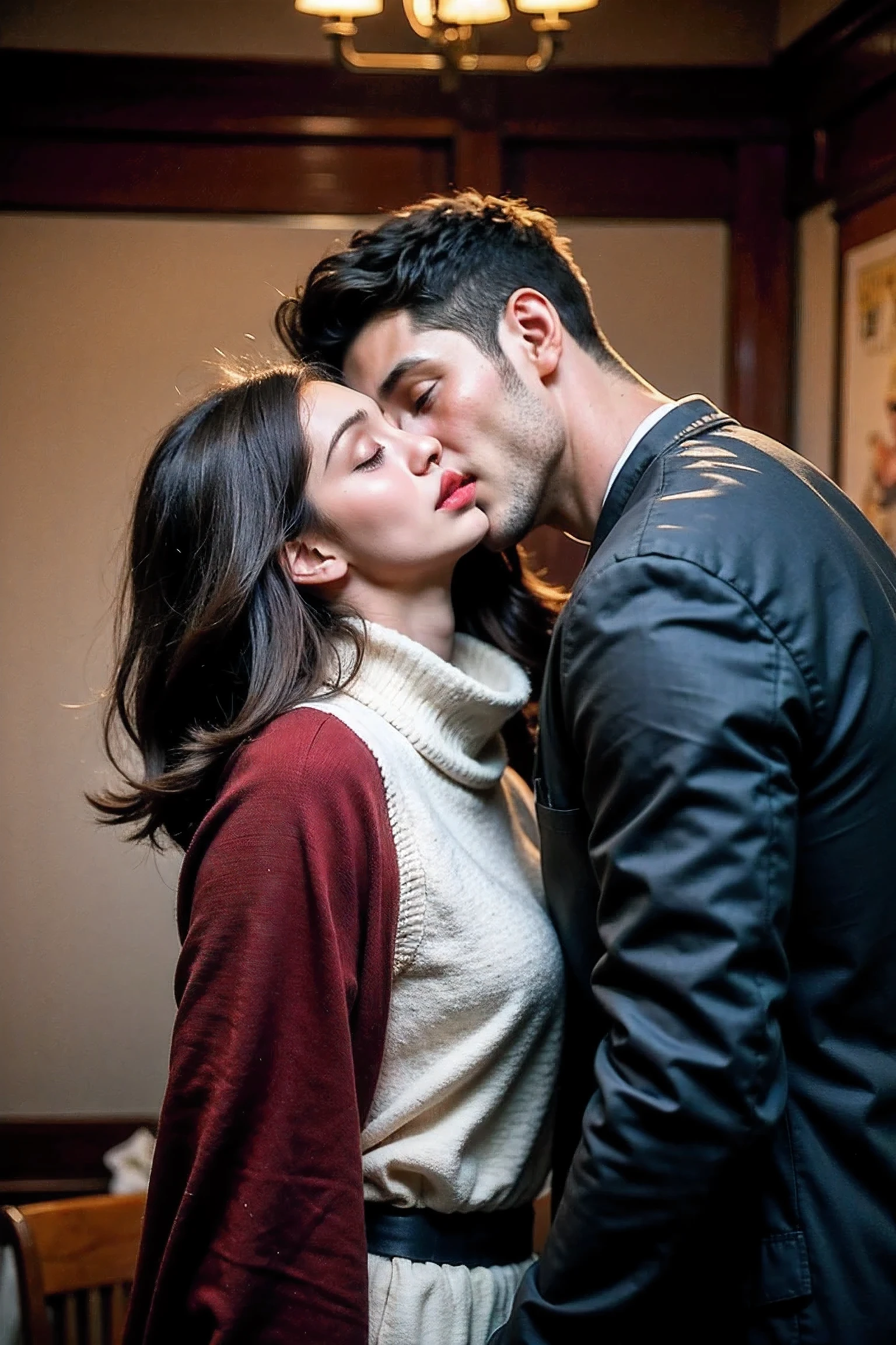 HD wallpaper 32k cinematic shoot of a Beautiful cute Pooja Hegde, with thick thighs and a curvy waist, smiling, wearing a Shirt without pant, ((large huge earrings)), ((Double thick thighs)), ((open neckline)), ((boobs)), ((kissing a man)), ((kissing a man)), ((kissing a man))