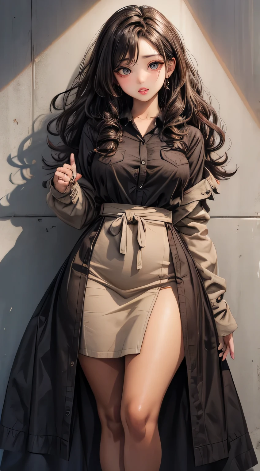 (best quality, masterpiece:1.2), sketch full view of a hot looking dark brown skin 29 year old woman standing in front of us. She has brown eyes and long white curly hair. She has vampire fangs. She has a beautiful curvy figure. She wore a solid color slim fit buttoned long sleeve shirt dress. shadow background. sketch. shadow. light.