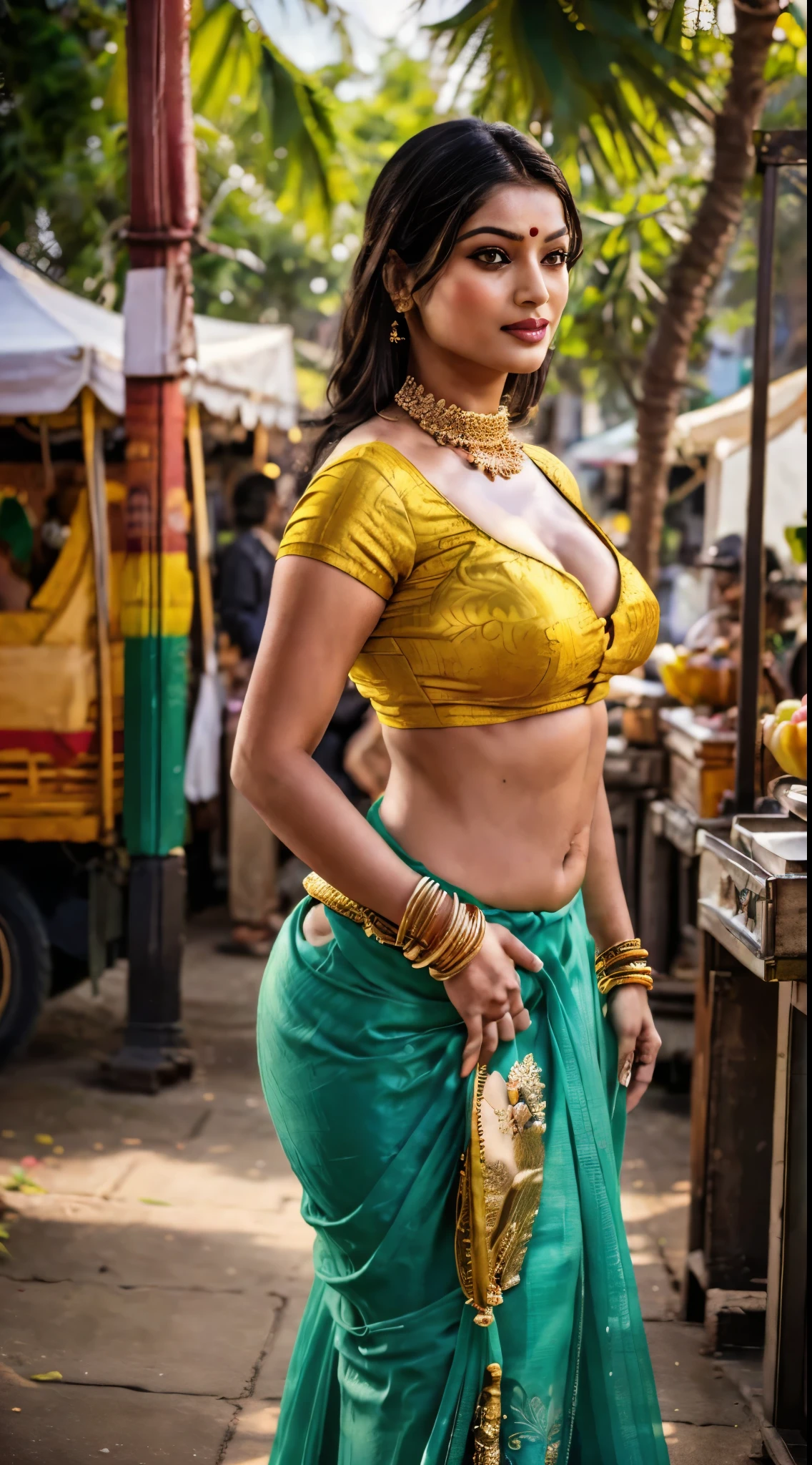 (best quality,4k,8k,highres,masterpiece:1.2),ultra-detailed,(realistic,photorealistic,photo-realistic:1.37),Indian actress Urvashi Rautela,beautiful detailed eyes,beautiful detailed lips,extremely detailed eyes and face,long eyelashes,green saree,dazzling green saree with intricate patterns,golden border on the saree,embroidered blouse,sparkling jewelry,traditional Indian market,colorful market with vibrant stalls and people,bustling crowd,exotic fruits and vegetables,fragrant spices,tantalizing street food,traditional Indian music playing in the background,aromatic spices filling the air,warm sunlight streaming through the market,shadows dancing on the ground,urhmi,portrait,rich and vibrant colors,joyful and lively atmosphere,ethereal beauty,graceful posture,brightly colored henna on hands and feet,beautifully styled hair,traditional Indian temple in the distance,glimpses of the bustling city beyond,glowing golden hour,serene expression,playful interaction with a vendor,curious onlookers,mosaic of cultural diversity,celebration of colors and traditions.