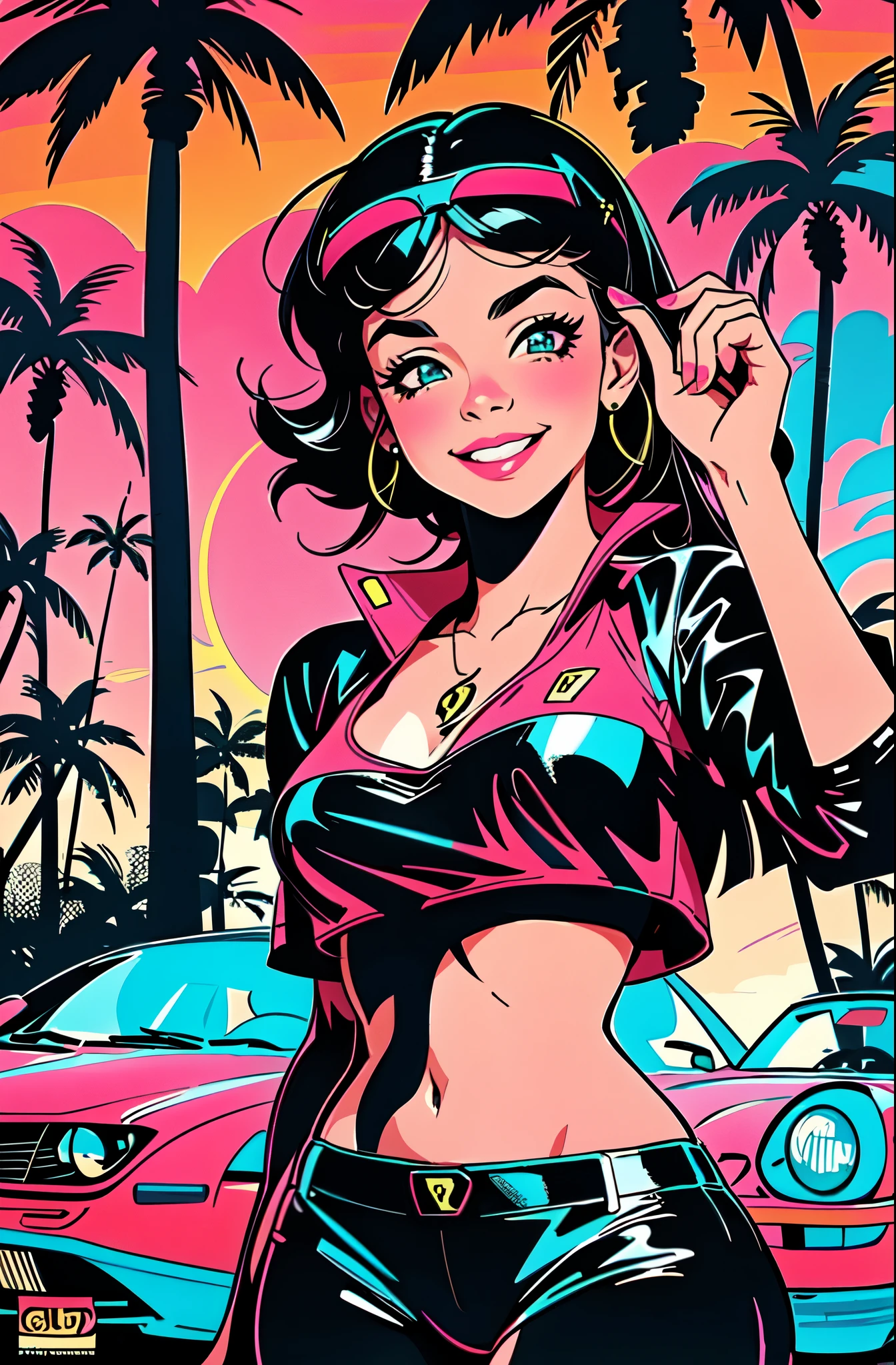 retro girl, smiling, Miami, sunset, Ferrari, palm tree, 90's, (flat colors, flat texture, lineart:1.2), graphical design, (heavy ink, ink blacks),