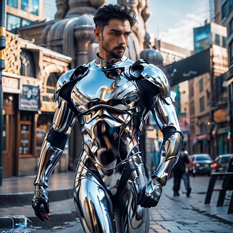 chr0me4rmor, photo of a (Iranian man), wearing chrome bodysuit, fantasy scifi background, city, street, dynamic pose, realistic, masterpiece, intricate details, detailed background, depth of field,