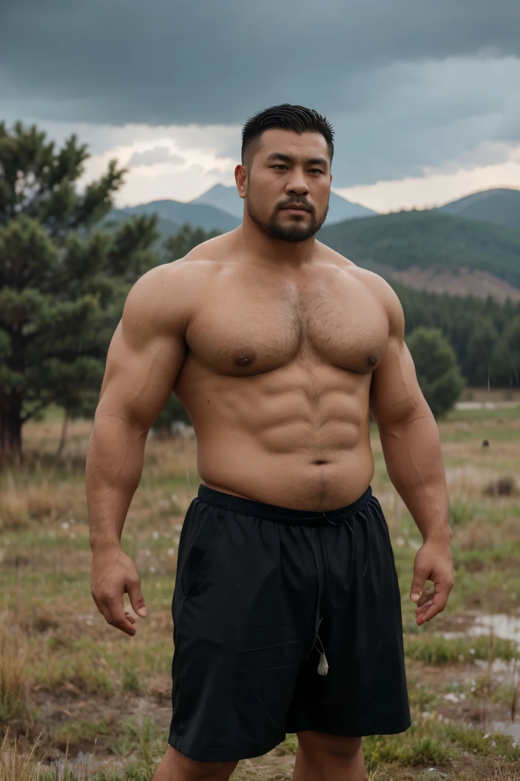 A short haired Mongolian man standing on a rainy mogolian grassland,rain drops falling on his skin, mongol,Thick body hair, Strong masculine characteristics, sexy muscular body, partially male hairy torso,masculine and strong,sexy muscular upper body,Fat belly,light tan skin, robust stocky body, beefy, belly button showing, half man half asian black bear, potbelly, dad bod, half man half asian black bull, full body shot, background is mogolian landscape