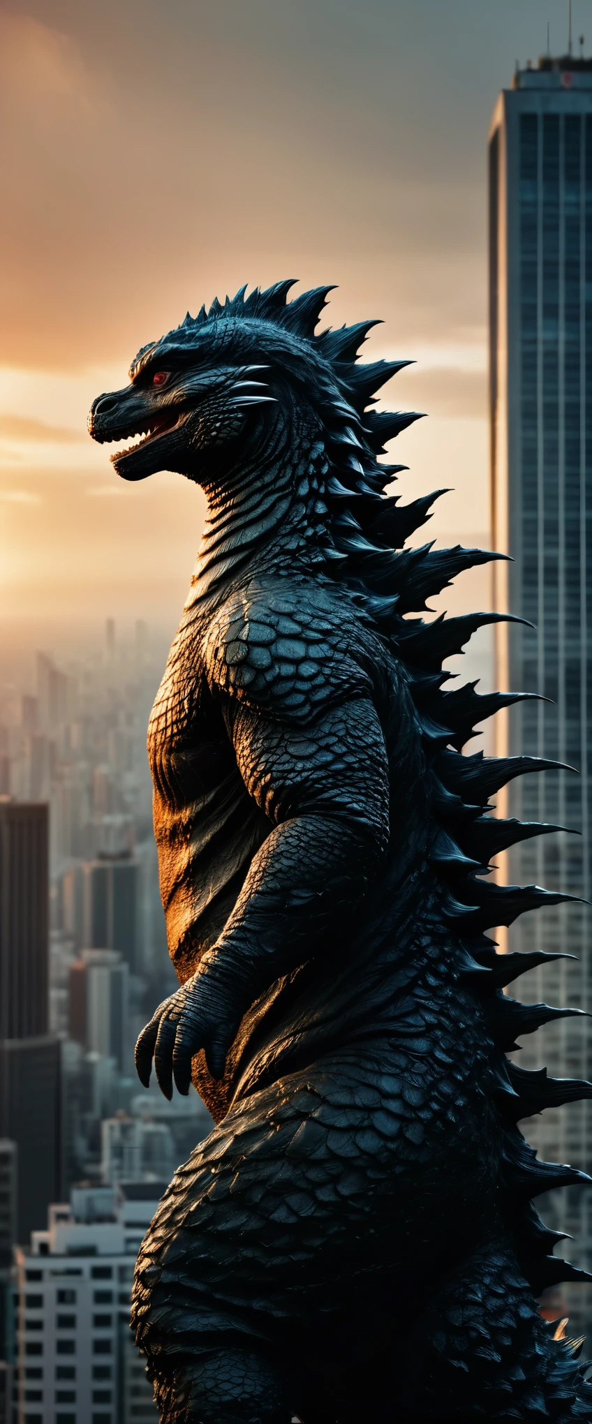 sharp focus at godzilla,perfect proportions,tiny human,skycrapers,sunset,Masterpiece,highest quality,photo,color grading,by lee jeffries,nikon d850,film stock photograph 4,kodak portra 400,f 1.6, rich colors,ultra-realistic,lifelike textures,dramatic lighting,unreal engine,cinestill 800