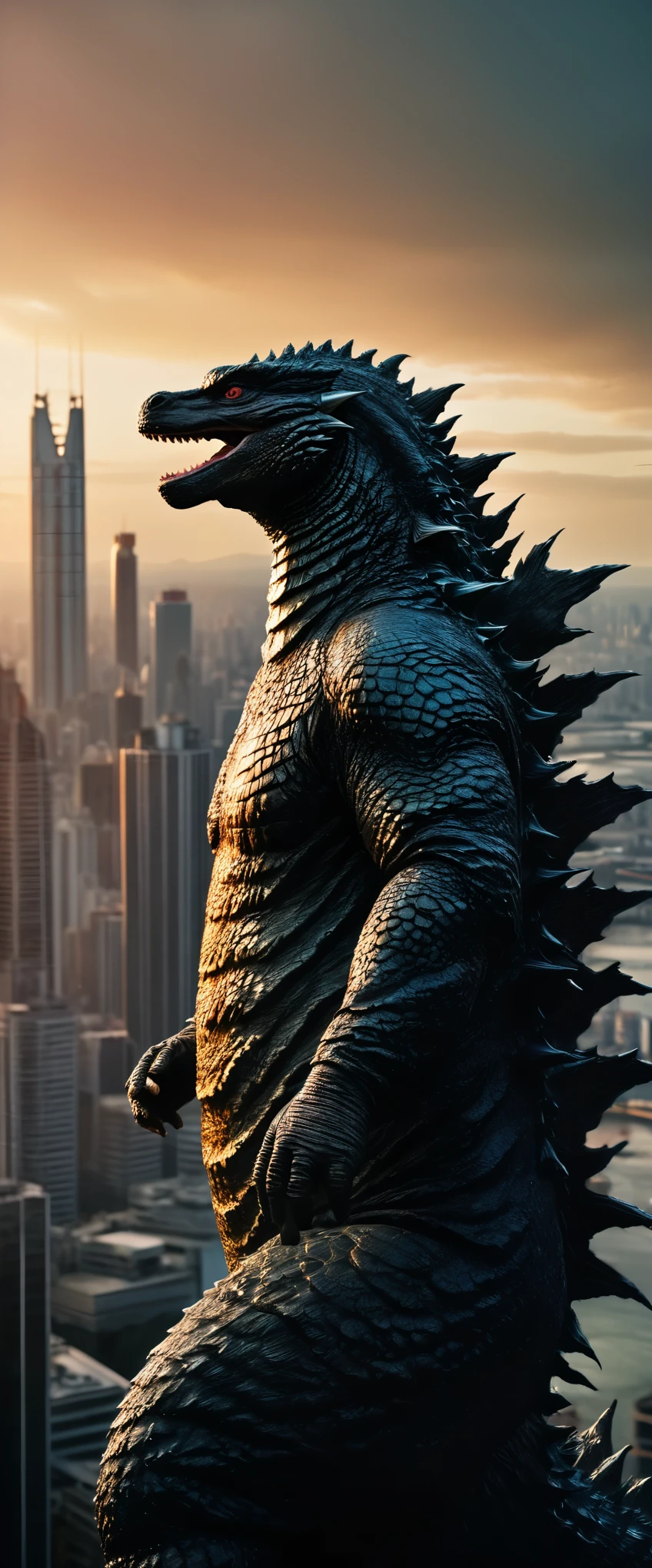 sharp focus at godzilla,perfect proportions,tiny human,skycrapers,sunset,Masterpiece,highest quality,photo,color grading,by lee jeffries,nikon d850,film stock photograph 4,kodak portra 400,f 1.6, rich colors,ultra-realistic,lifelike textures,dramatic lighting,unreal engine,cinestill 800