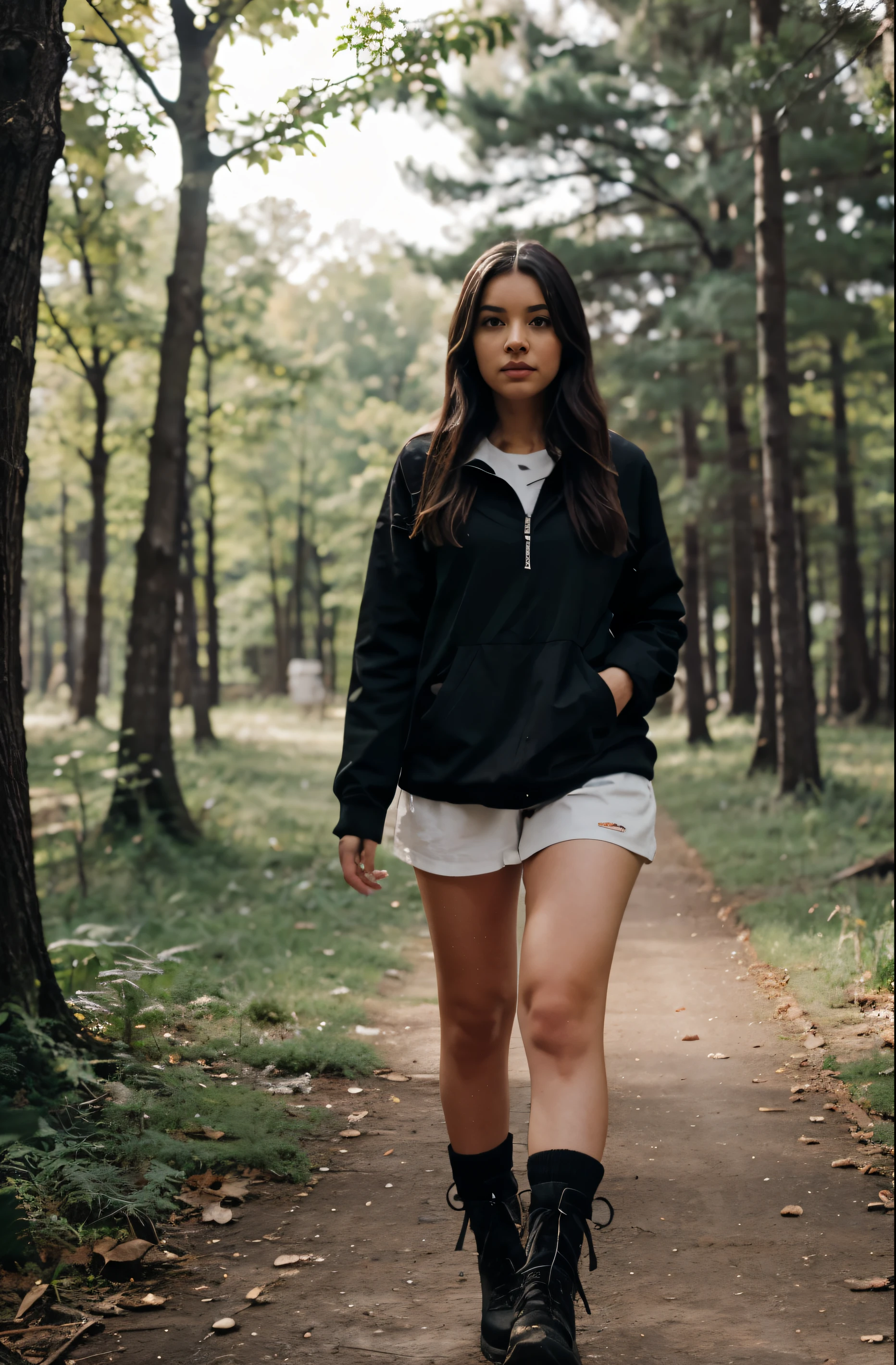 A girl walking in the woods accompanied by a skunk