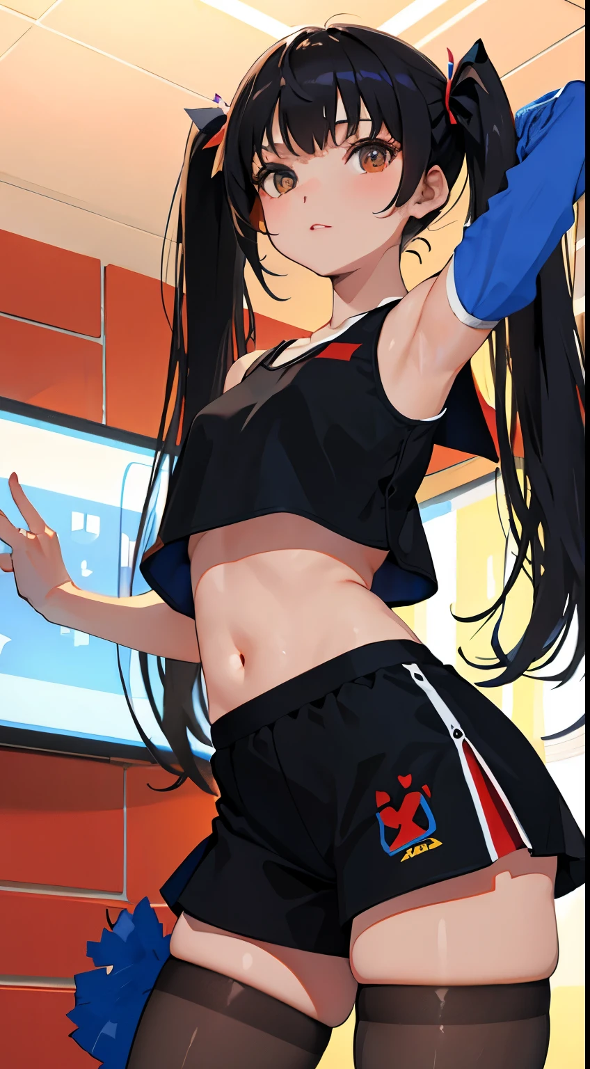 (short with pantyhose cute girl，small young student，young delicate girl）,（masterpiece，Top quality)，Crop Top Look，cheerleader，shorts，long black hair twin tails