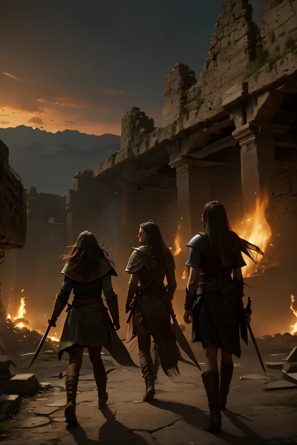 3 warrior girls in an ancient city, an abandoned city flown over by nazgùl riding flat-nosed flying dragons. In the city they fight Uman against Trool. dark colors, war atmosphere. illustration inspired by the Lord of the Rings saga by J. R. R. Tolkien